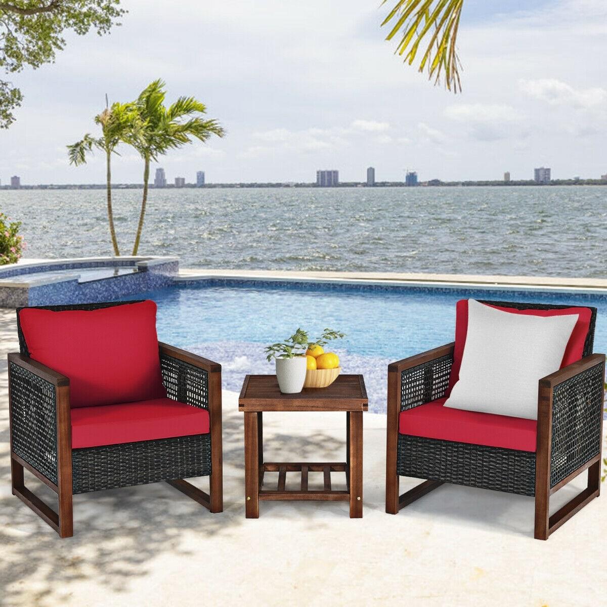 Costway 3PCS Patio Wicker Furniture Set Solid Wood Frame Cushion Sofa w/ Square Table Shelf Red