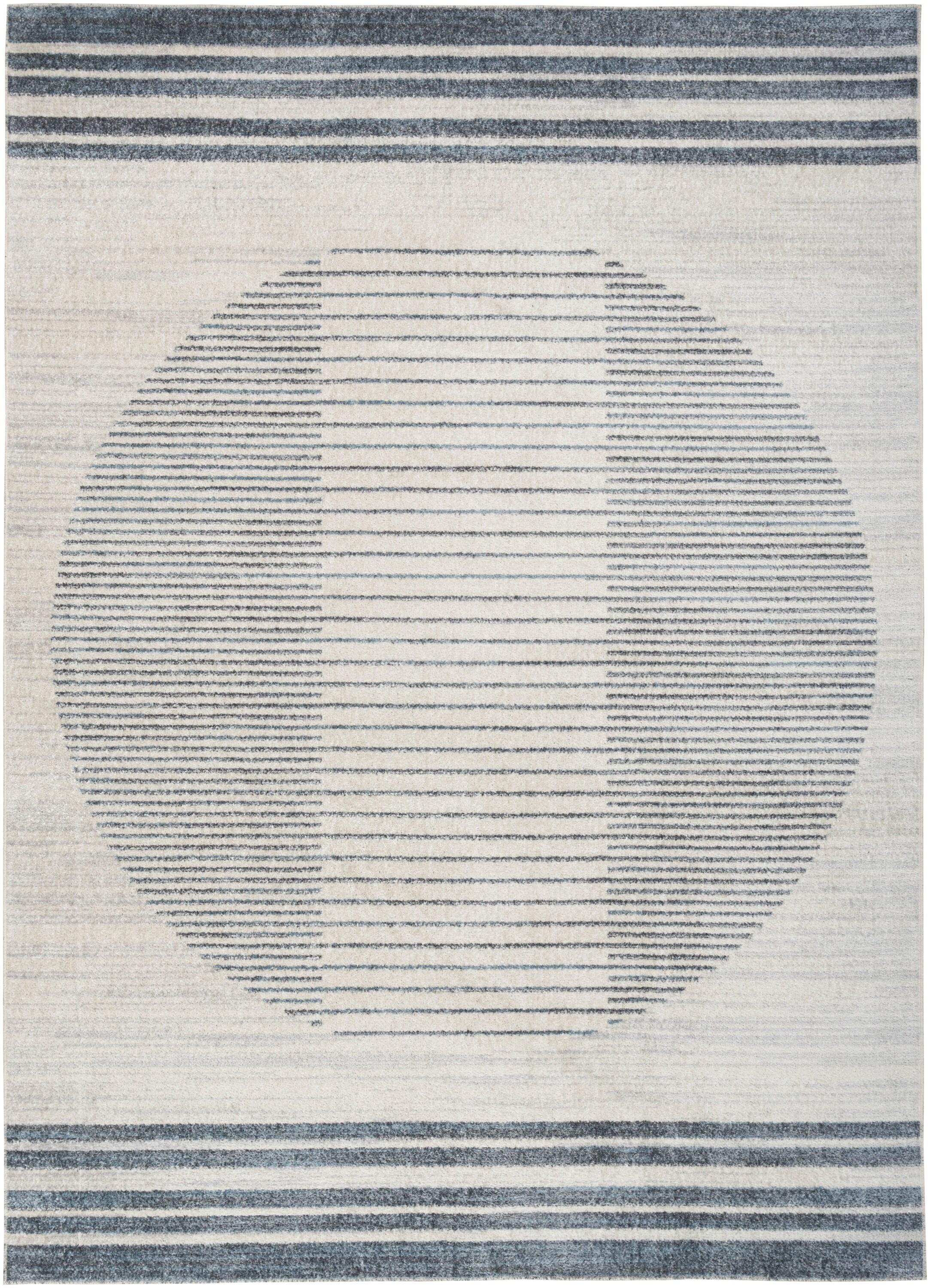 Nourison Astra Machine Washable Stripe Circle Mid-Century Modern Indoor Rug Ivory Blue 5'3" x 7'