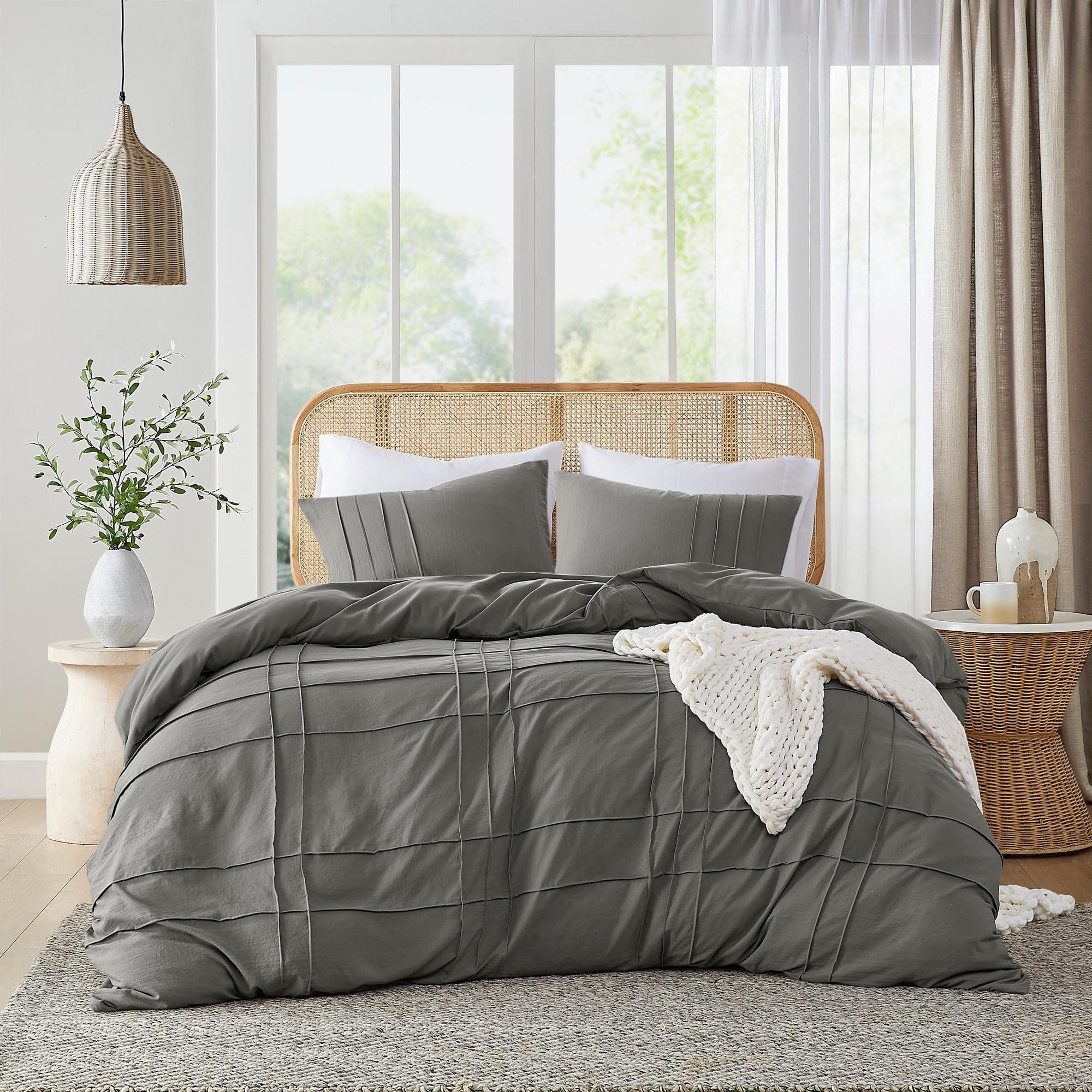 Comfort Spaces Grey Twin Size Duvet Cover Set - 2 Pieces Pintuck Pleated Duvet Cover All Season Lightweight, Extra Softness Pre-Washed Microfiber Twin Bedding Cover Shams, Twin/Twin XL