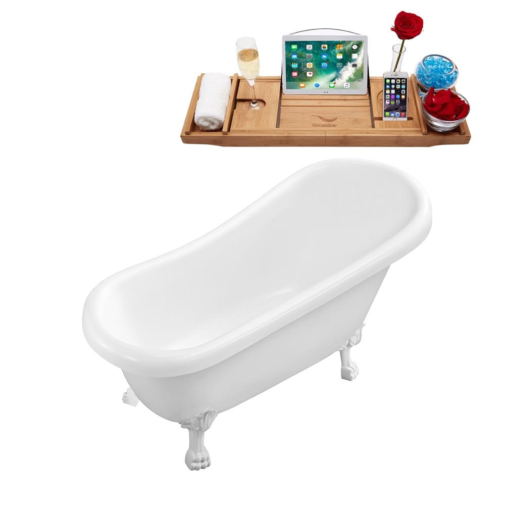 61" Streamline Clawfoot Soaking Acrylic Bathtub With Drain, Clawfeet, and Bamboo Tray