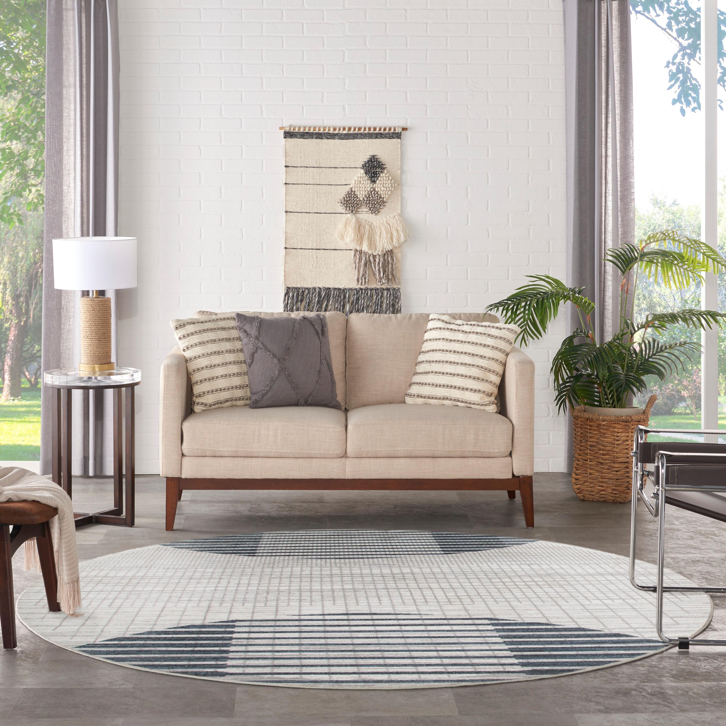 Nourison Astra Machine Washable Semi Circles Mid-Century Modern Indoor Rug Ivory Blue 5'3"xRound