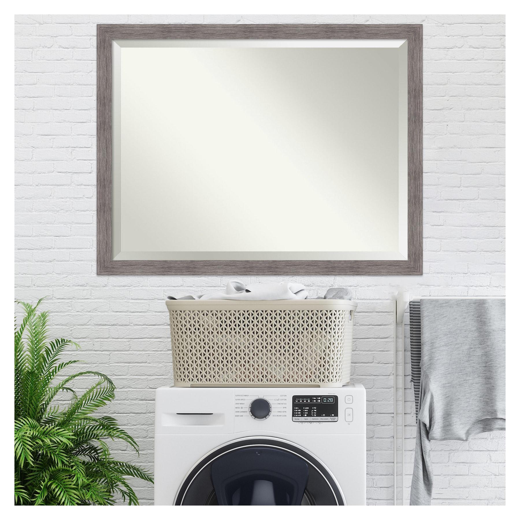 Amanti Art Beveled Bathroom Wall Mirror - Pinstripe Frame Pinstripe Plank Grey Narrow Outer Size: 43 x 33 in