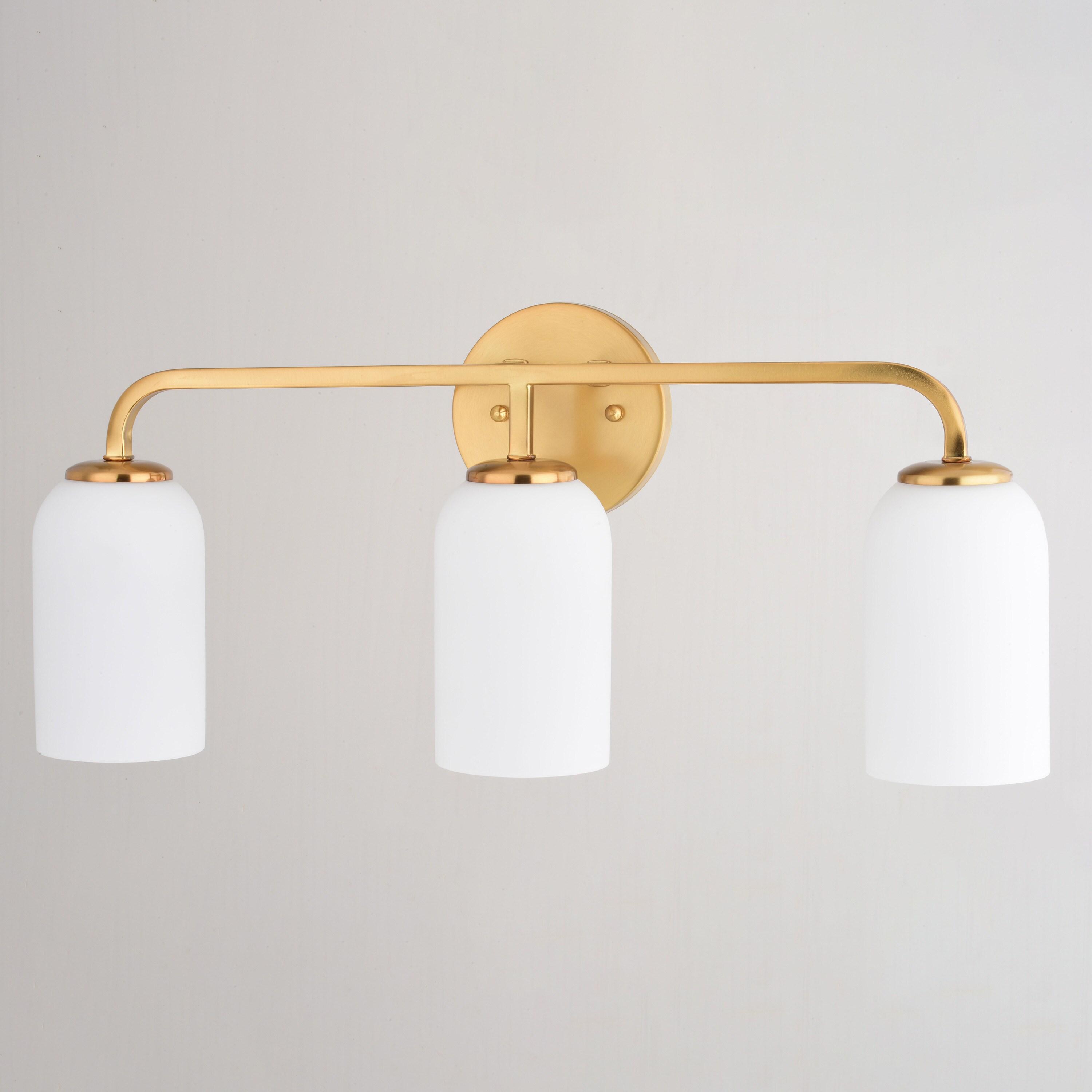 Shelby 3 Light Gold Brass Transitional Bathroom Vanity Fixture White Glass