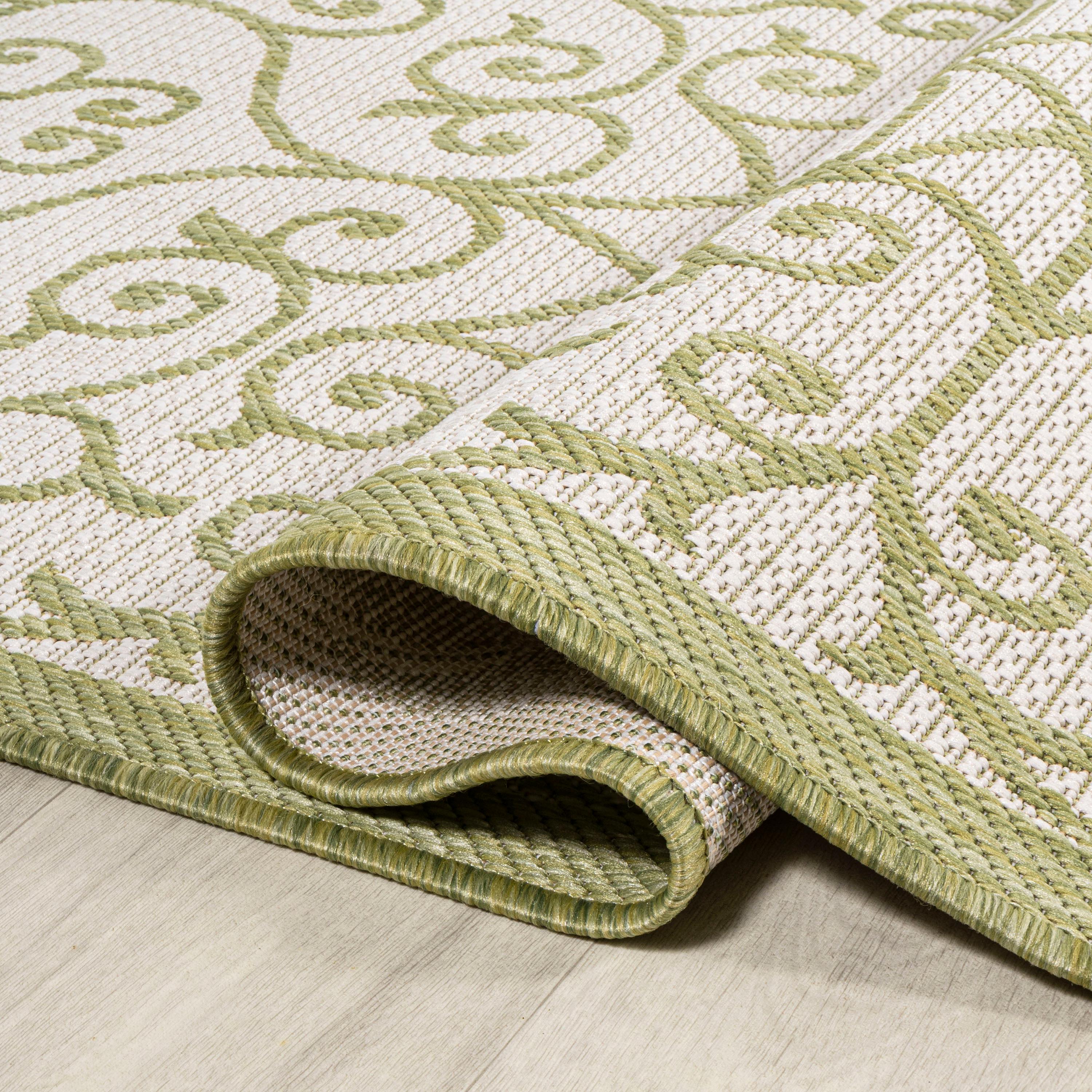 2' x 10' Madrid Vintage Filigree Textured Weave Indoor/Outdoor Runner Rug, Green/Cream - JONATHAN Y