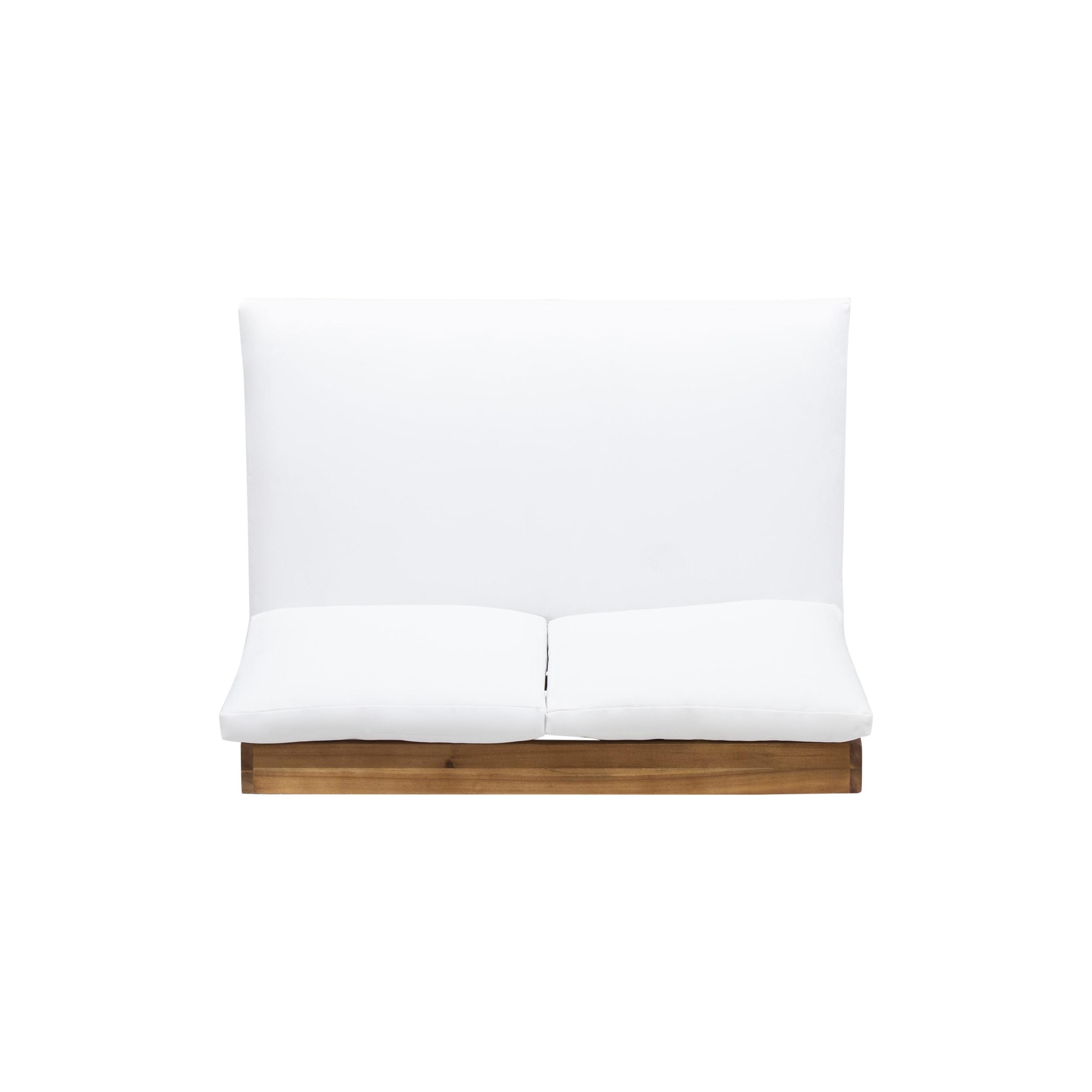 Roy Outdoor Acacia Wood Loveseat with Cushions, Teak and White