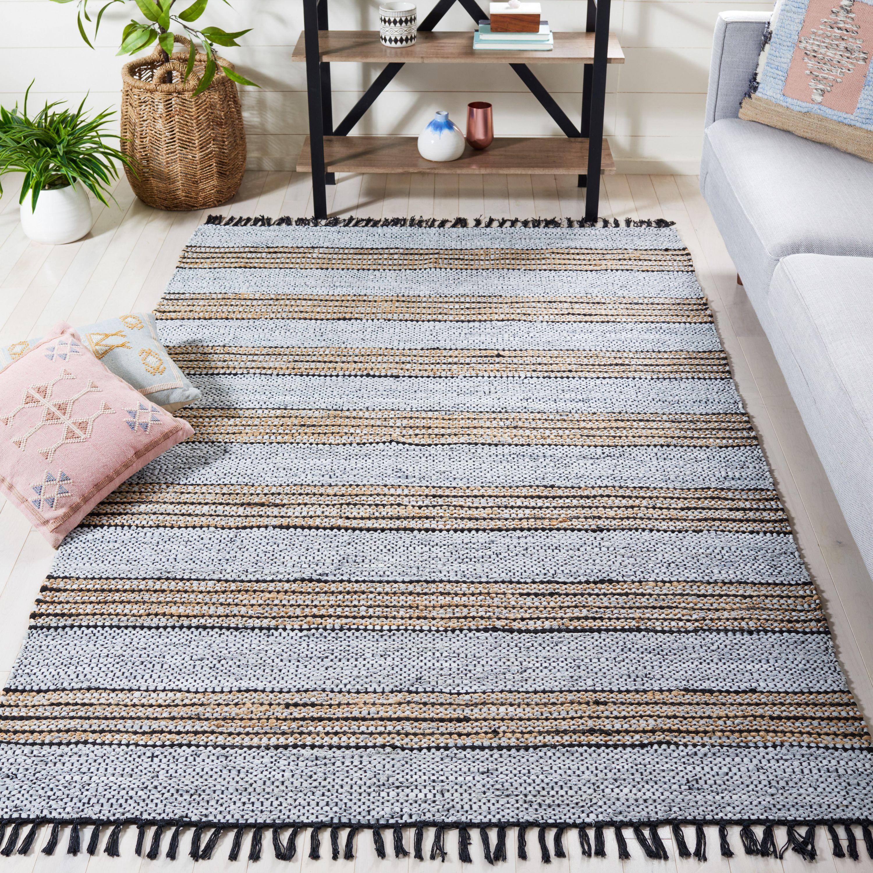 Vintage Leather Hand Woven 70% Leather, 25% Jute, And 10% Cotton Striped Rug