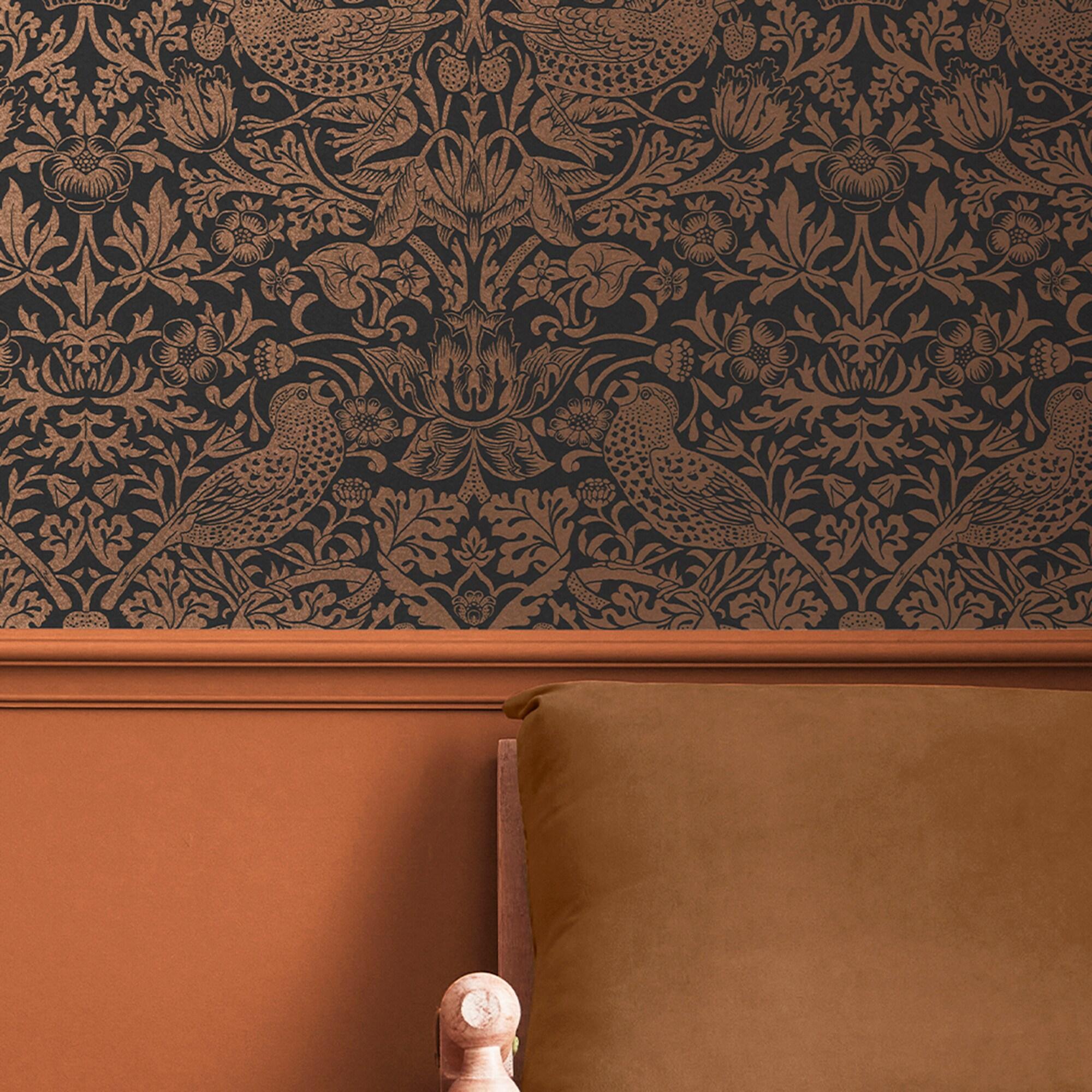 William Morris at Home Strawberry Thief Fibrous Charcoal Wallpaper