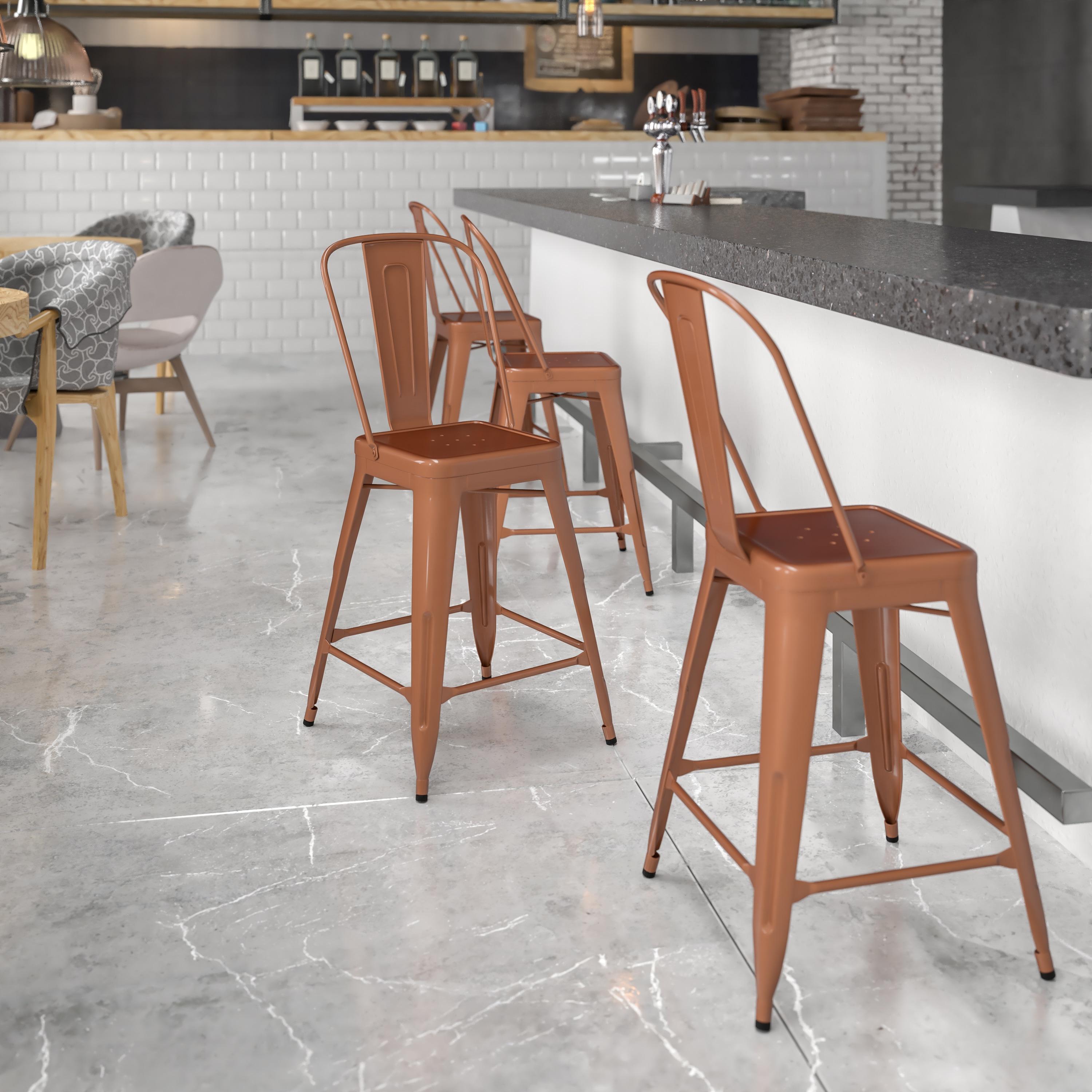 Flash Furniture Commercial Grade 24" High Copper Metal Indoor-Outdoor Counter Height Stool with Back