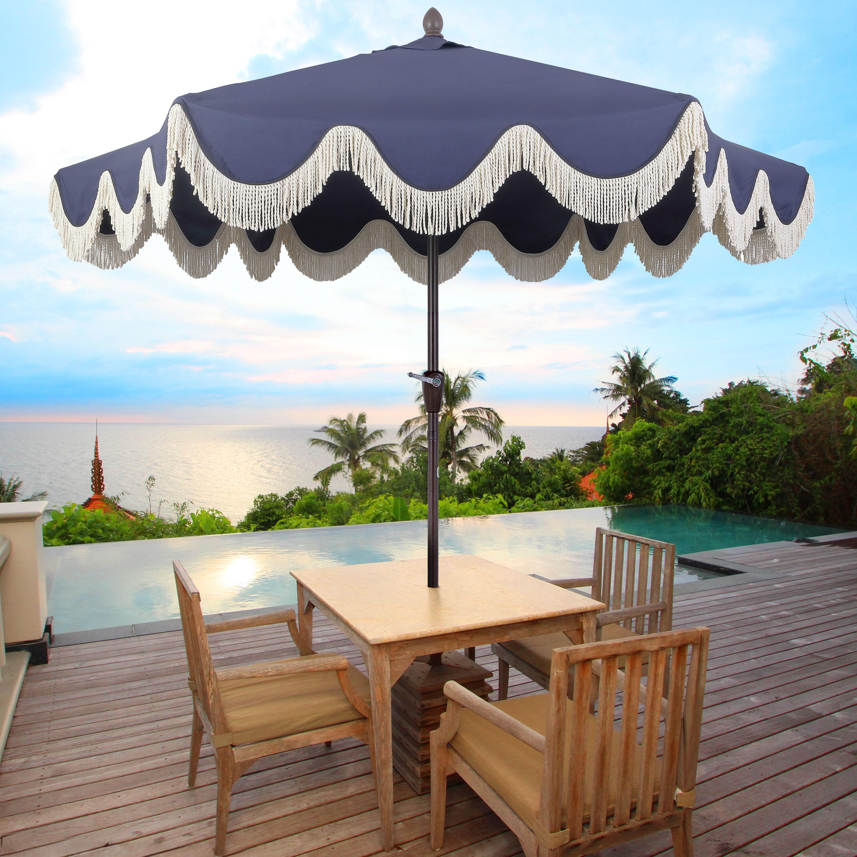 Arlmont & Co. Teretha 9 ft. Classic Cottage Tassel Market Patio Umbrella with Auto-Tilt, Crank, and UV Protection