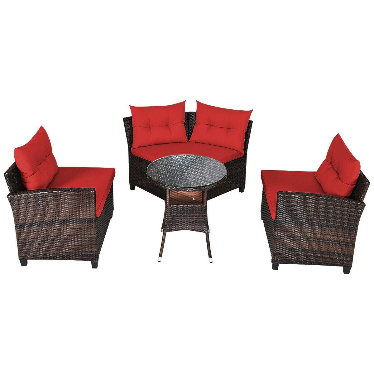 Costway 4PCS Outdoor Patio Rattan Furniture Set Cushioned Sofa Table Red