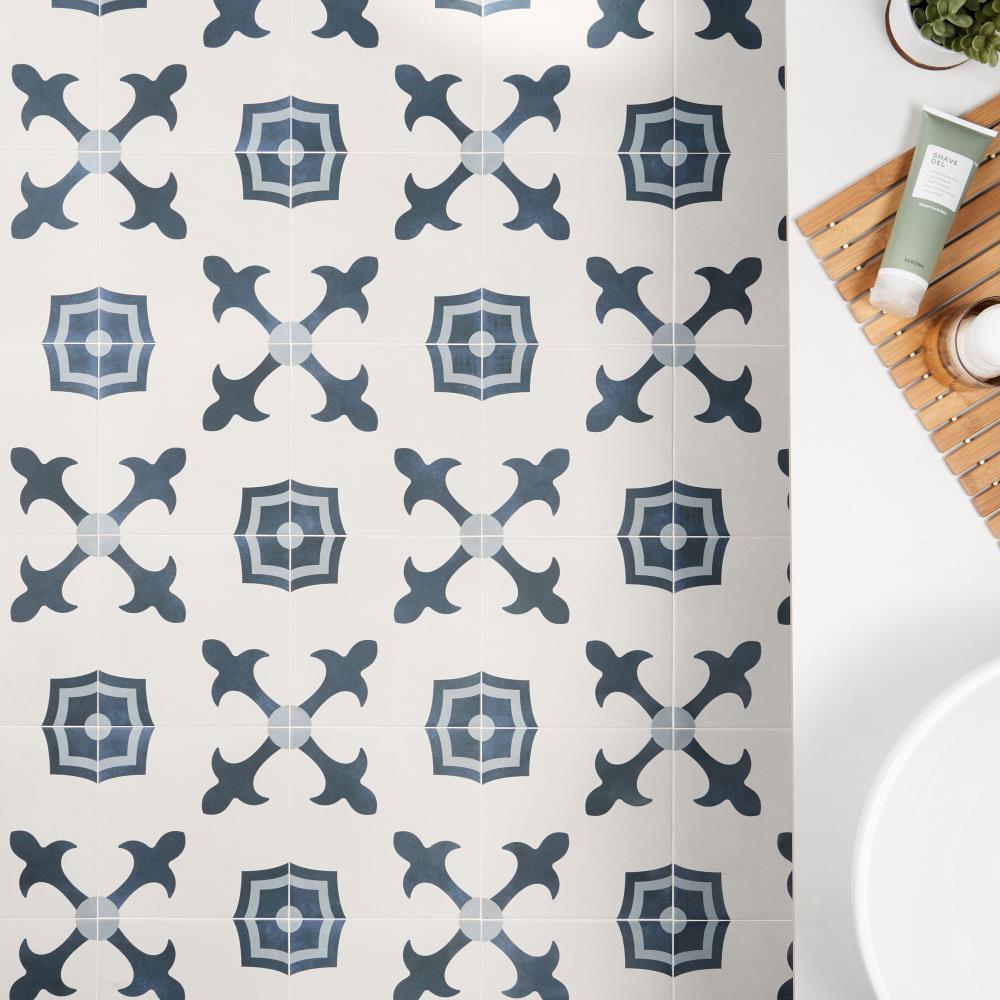 Plumeria Blue and White Square 9 in. x 9 in. Matte Porcelain Floor and Wall Tile (10.65 sq. ft./ Case)