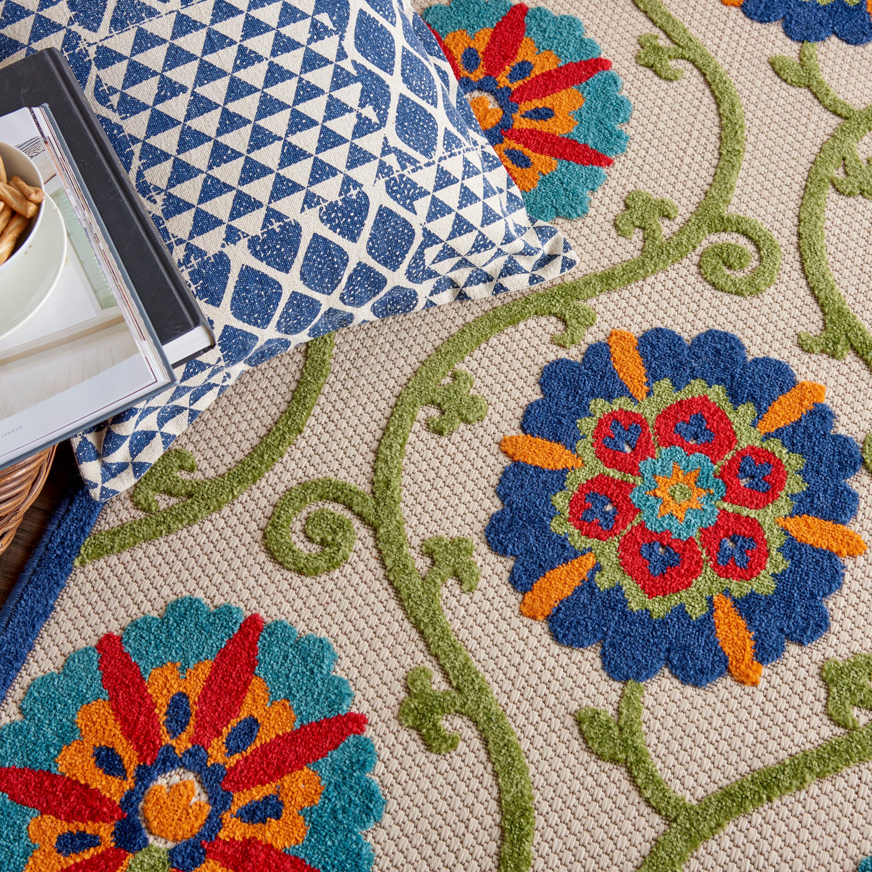 Nourison Aloha Contemporary Floral Flatweave High-Low Indoor Outdoor Area Rug Blue/Multicolor 3'6" x 5'6"
