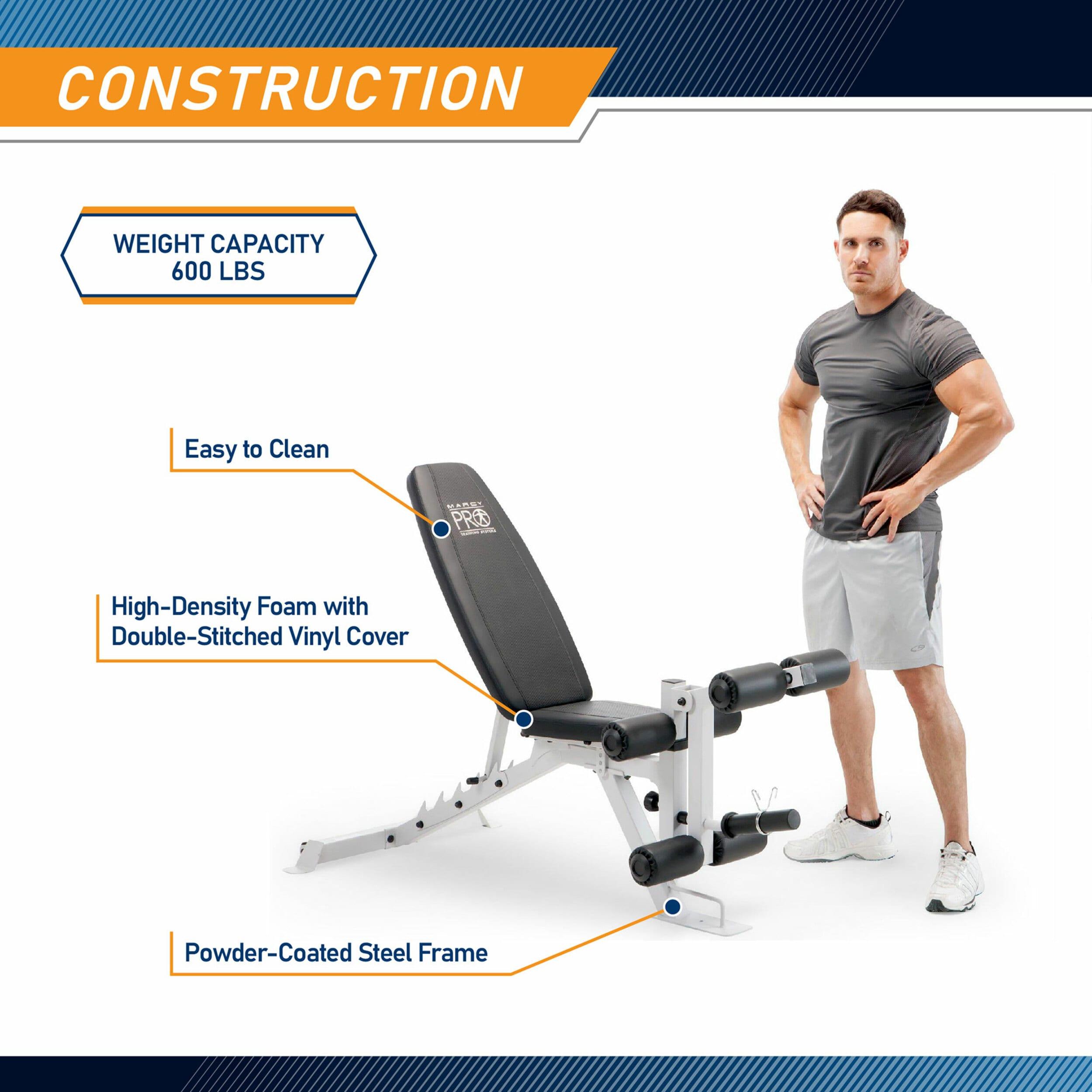 Marcy Adjustable Weight Bench, Foldable Incline Decline Flat Bench Press for Home Gym, Full Body Workout Equipment with Leg Developer and Wheels