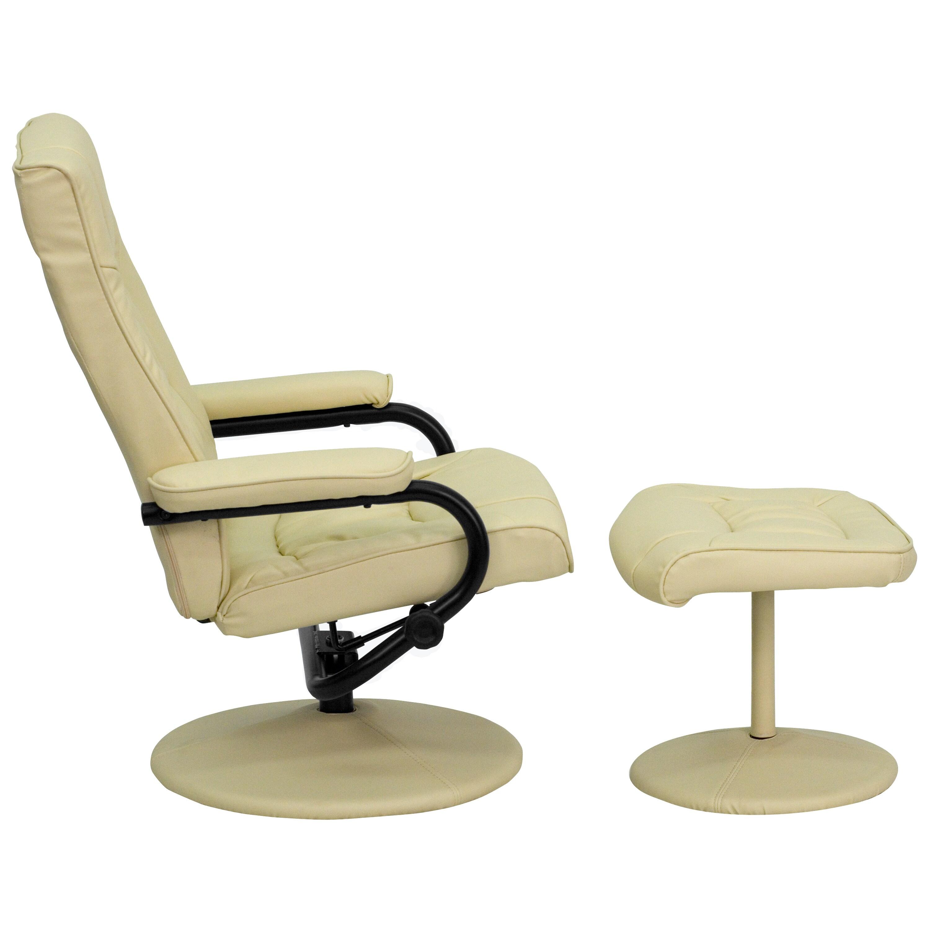 BizChair Contemporary Multi-Position Recliner and Ottoman with Wrapped Base in Cream LeatherSoft