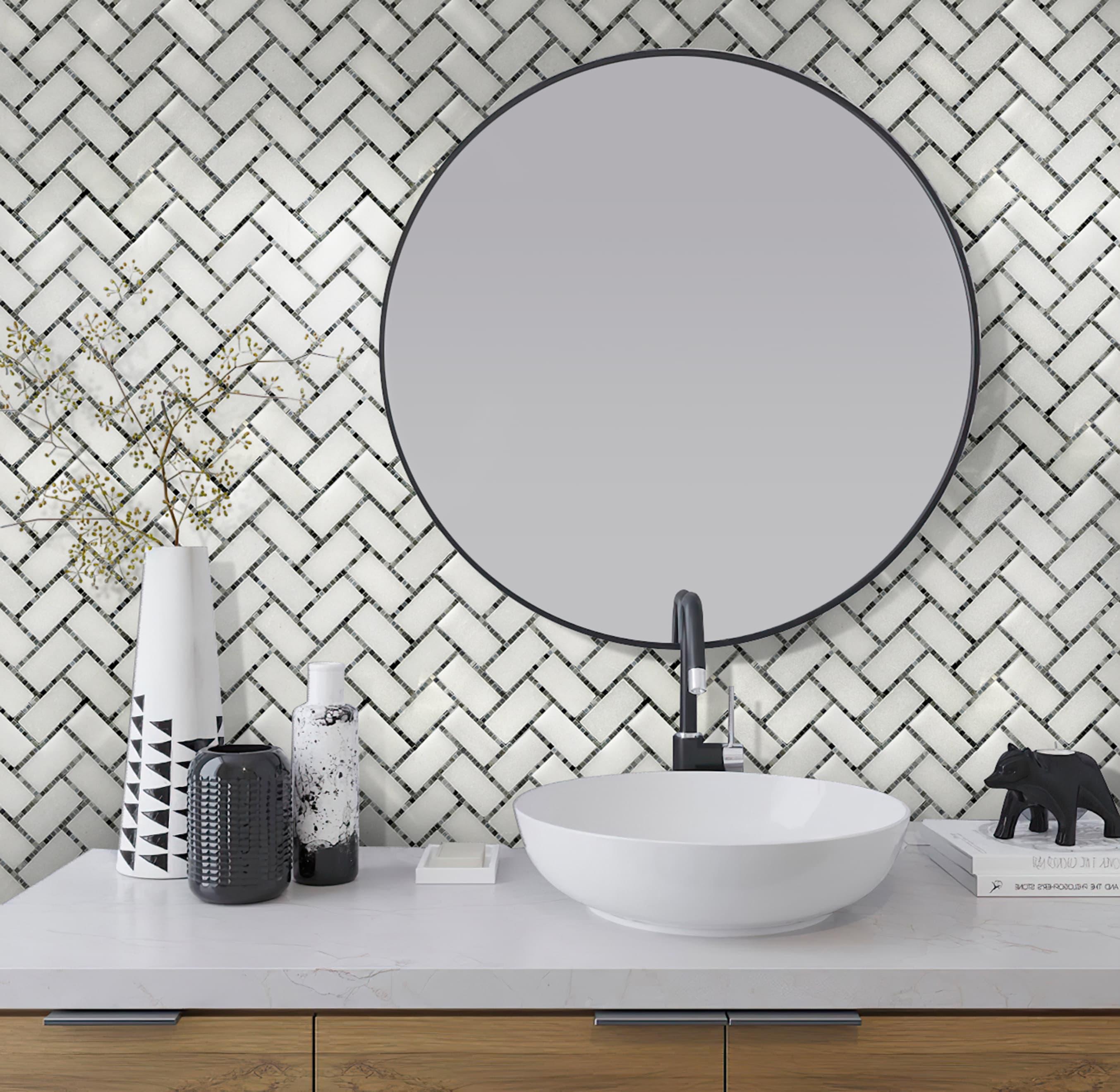 5 pack White and Gray 9.8 in. x 10.8 in. Polished Herringbone Marble Mosaic Floor and Wall Tile (3.68 sq. ft./Case)