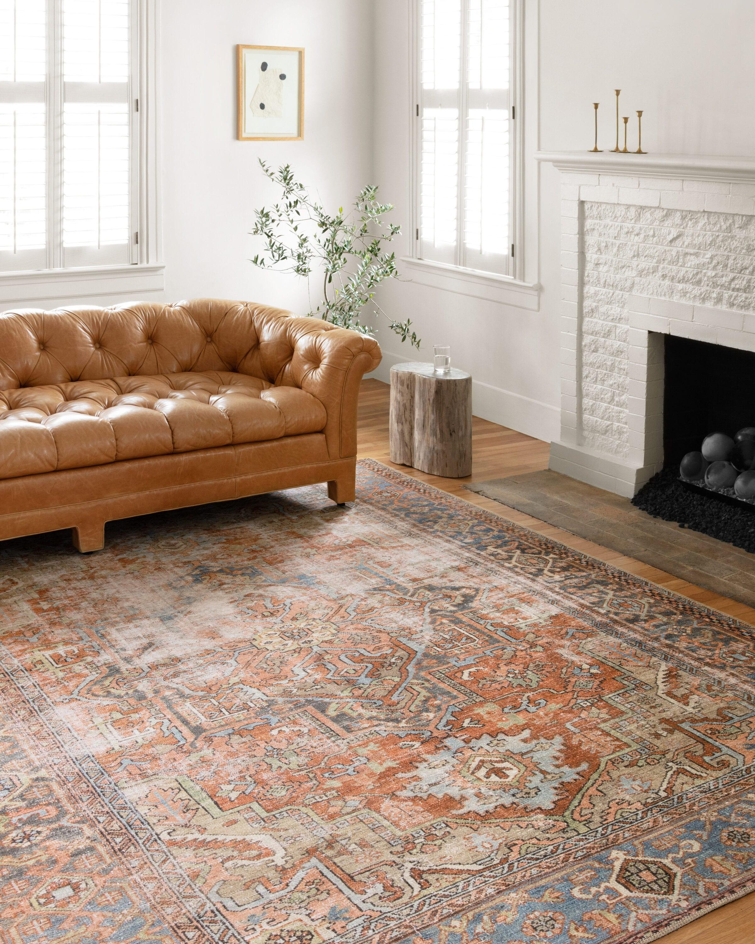 Hand-Knotted Blue and Terracotta Wool Oriental Rug