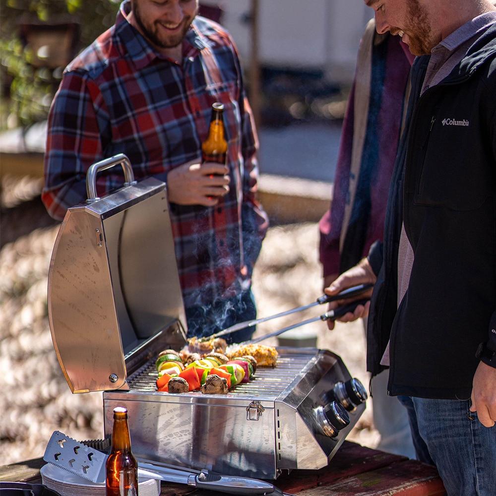 Monument Grills 13742 Tabletop Propane Gas Grill Stainless for Portable Camping Cooking with Travel Locks, High Lid