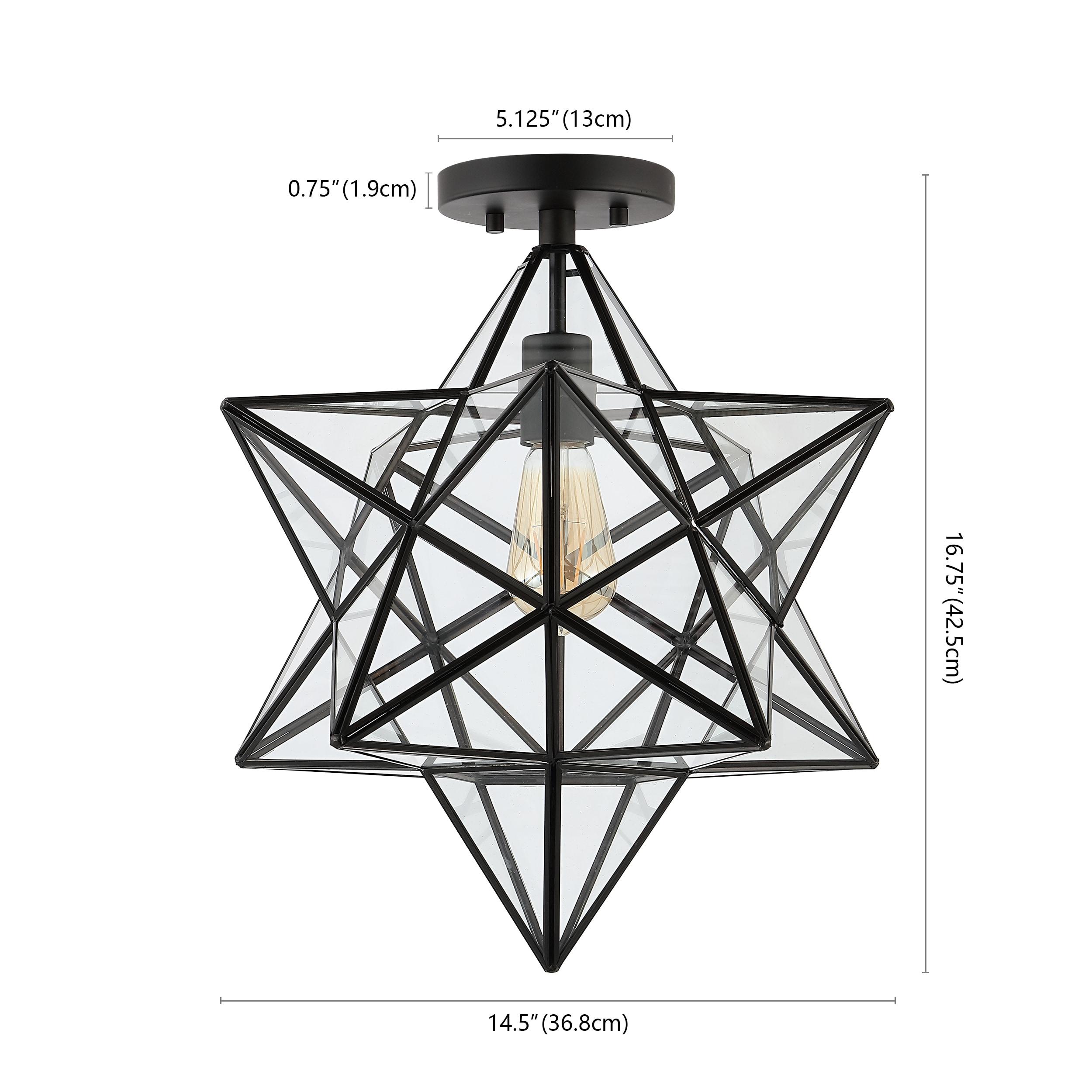 Ava 14.5" 1-Light Farmhouse Bohemian Iron/Glass LED Semi Flush Mount, Black/Clear