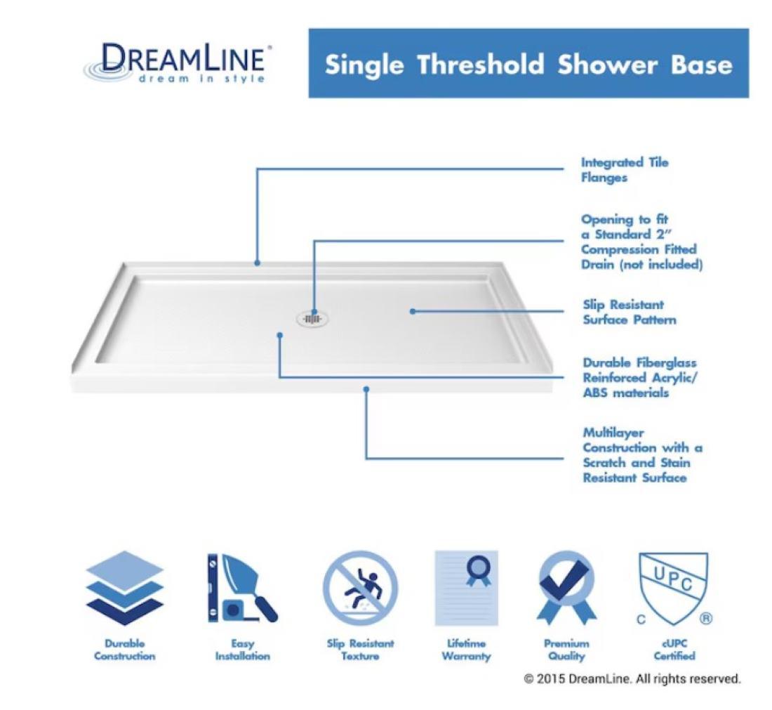 SlimLine 54" W x 36" D Double Threshold Shower Base