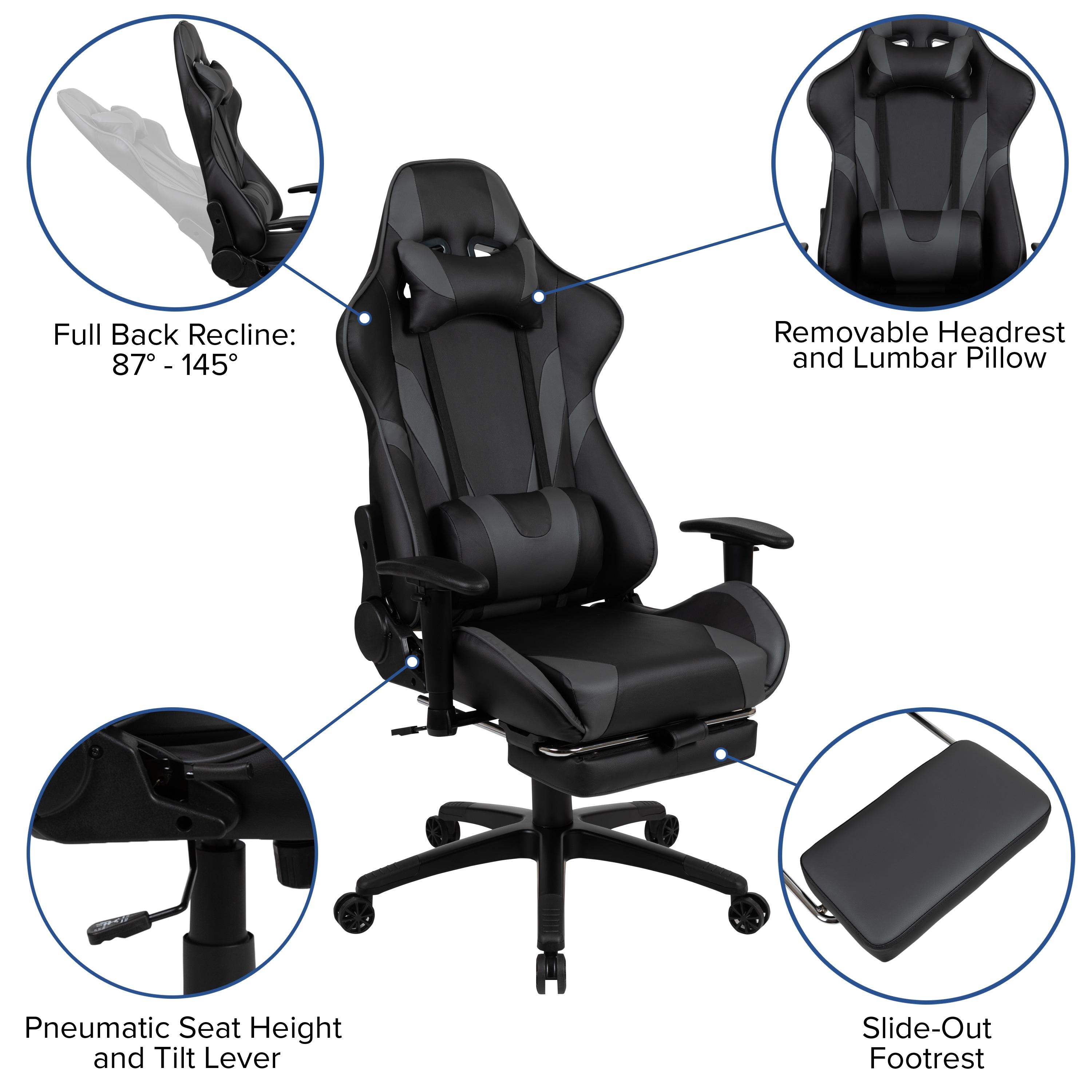 Flash Furniture X30 Gaming Chair Racing Office Ergonomic Computer Chair with Reclining Back and Slide-Out Footrest in Gray LeatherSoft