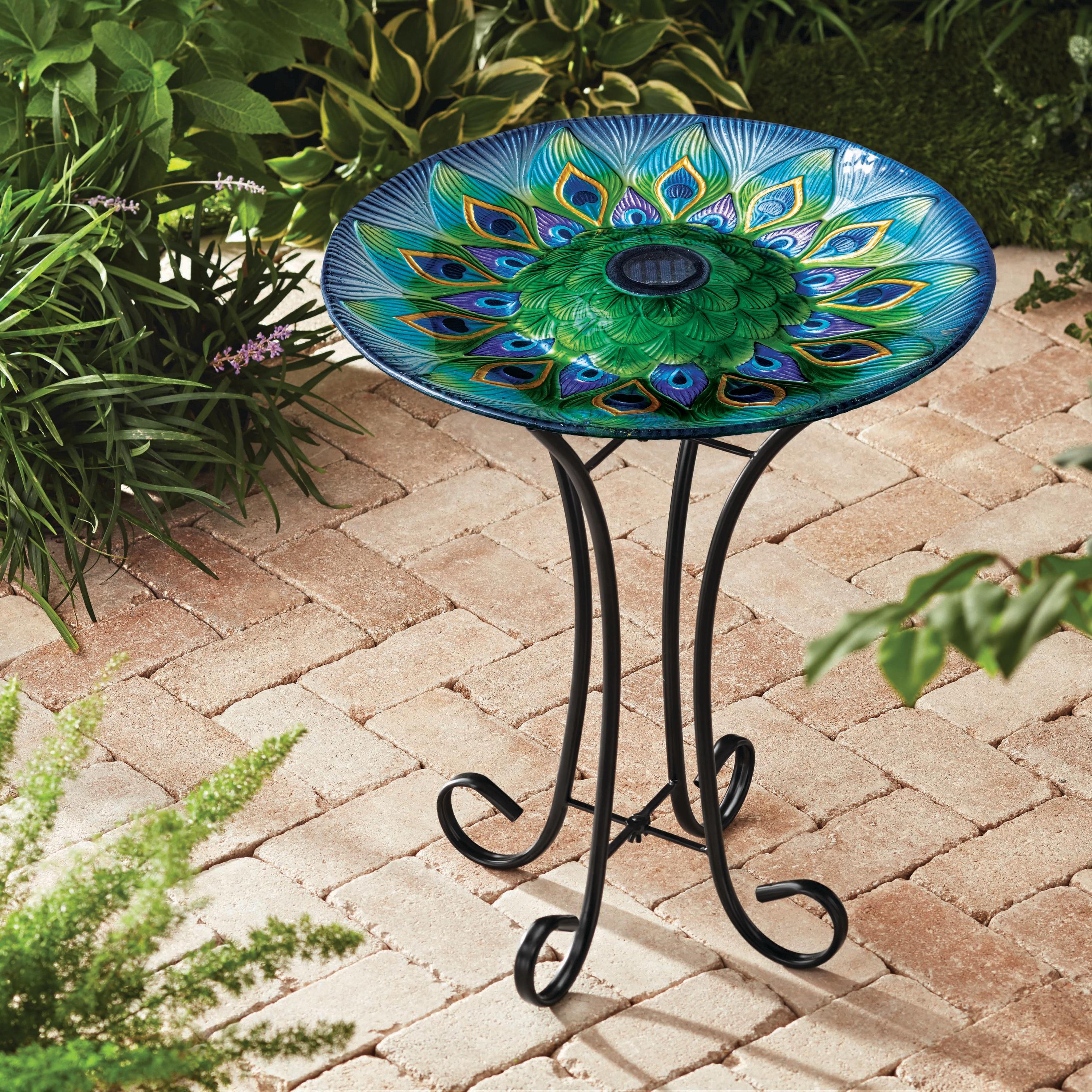 Teamson Home 17.8" Round Detailed Fusion Glass Birdbath with Solar-Powered Light