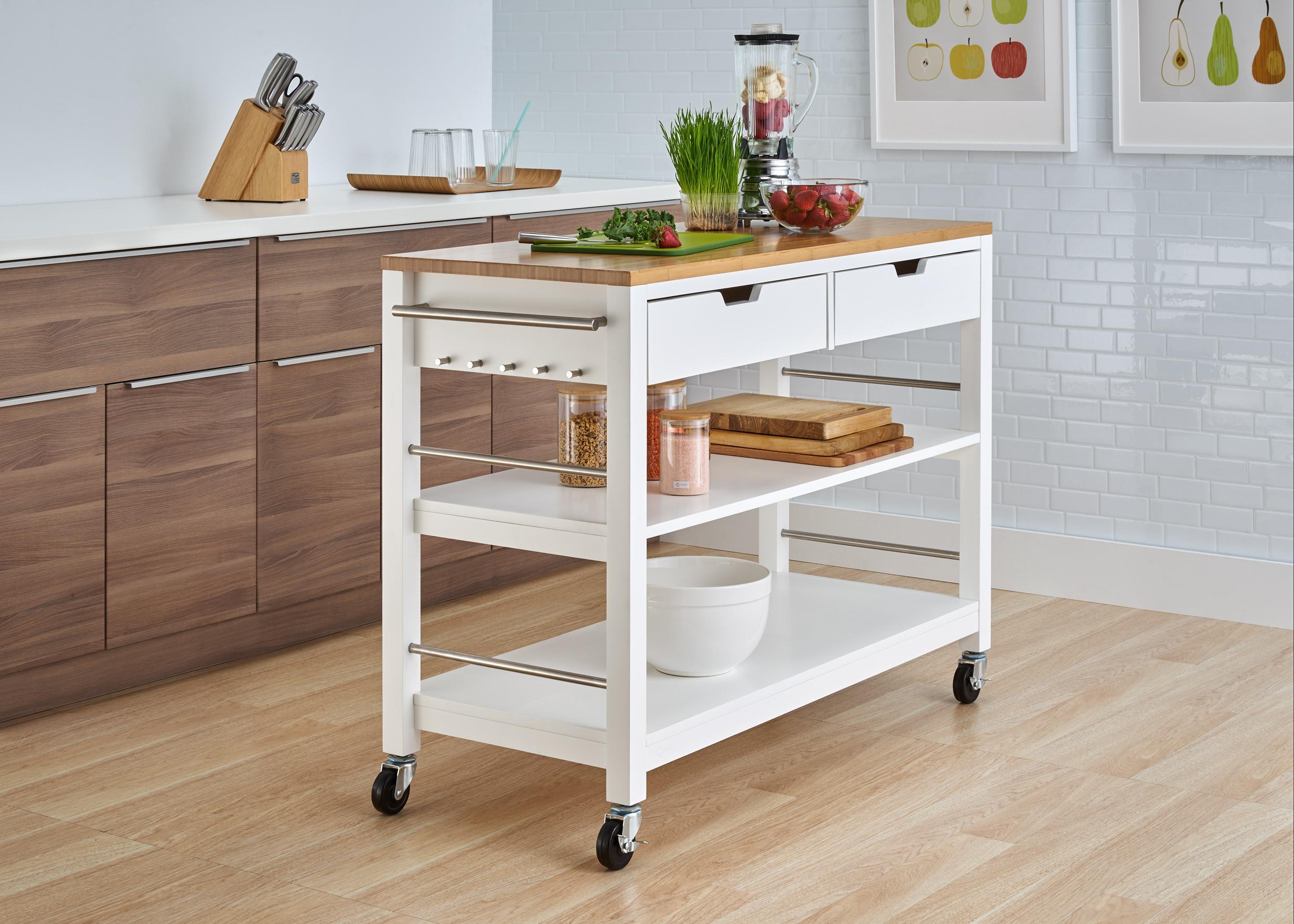 Trinity  Kitchen Island w/ Drawers, White & Bamboo