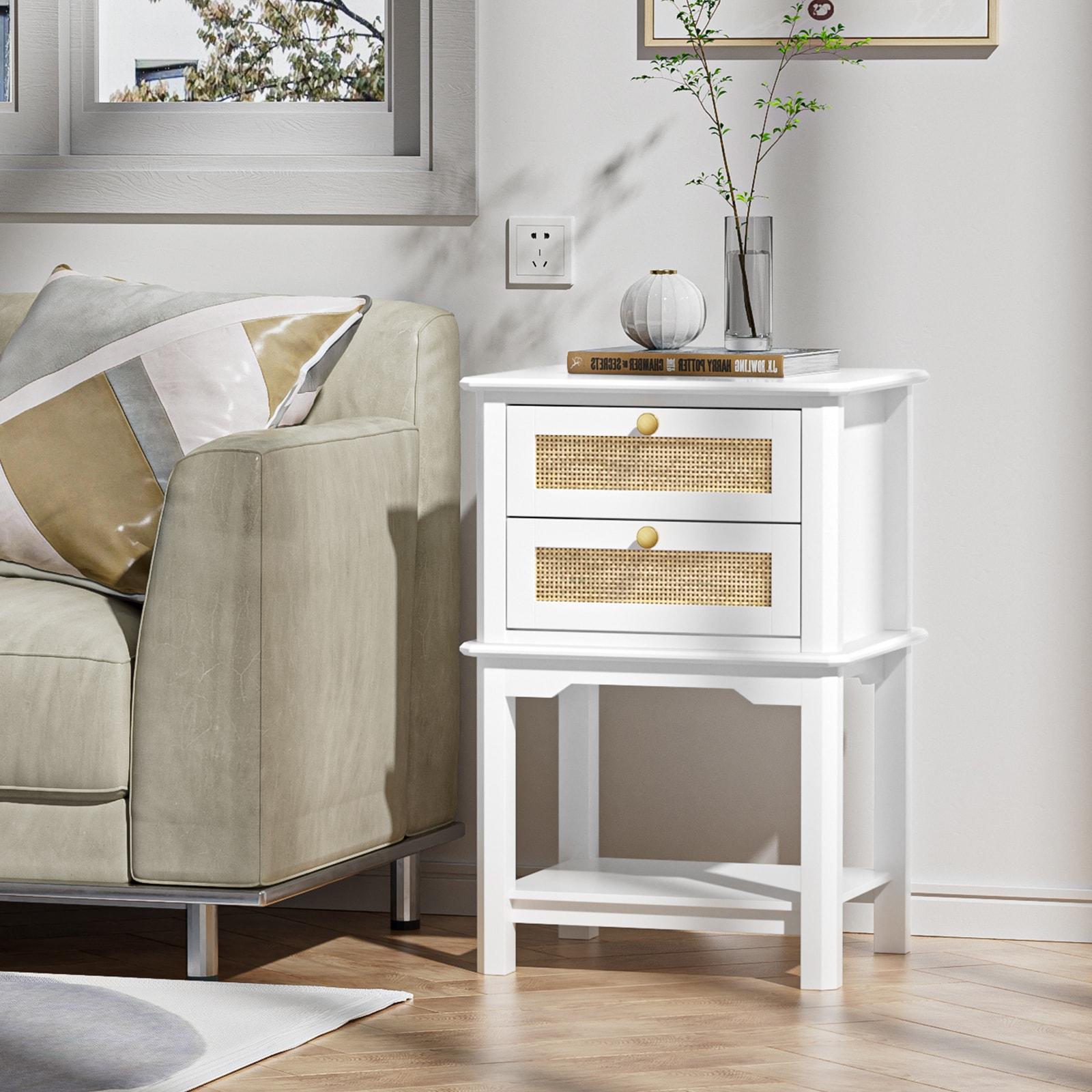 Giluta White Night Stand, 27.95'' H Wood Bedside Table with 2 Drawers, Natural Rattan Nightstand, Farmhouse End Side Table, Night Stand Cabinet for Bedroom
