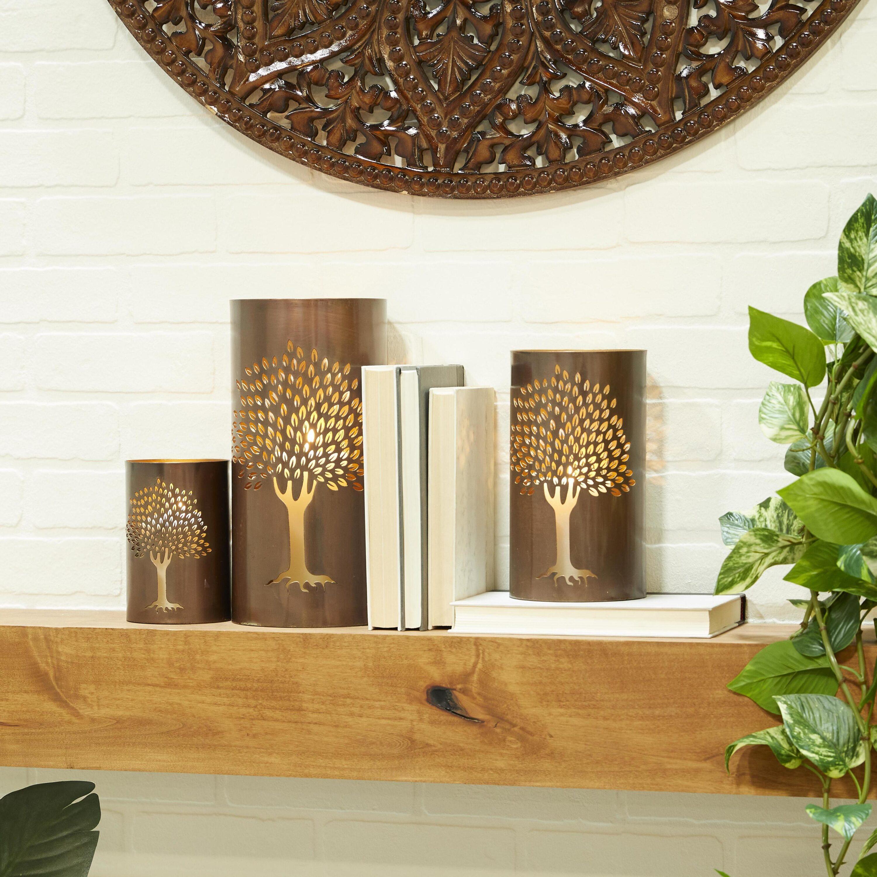 DecMode 3 Holder Copper Metal Tree Decorative Candle Lantern, Set of 3