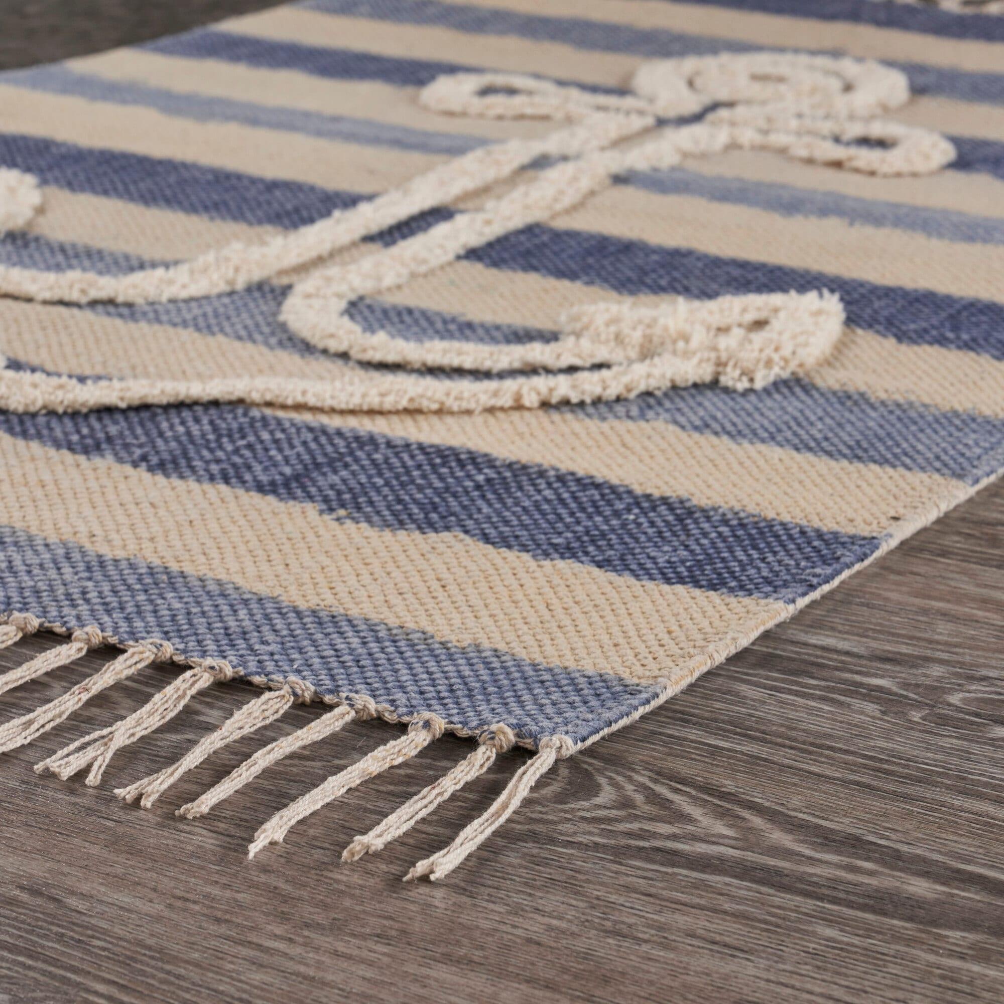 Ox Bay Blair 2'6" x 3'9" Blue/Beige Shag Anchor Striped Durable Indoor Area Rug