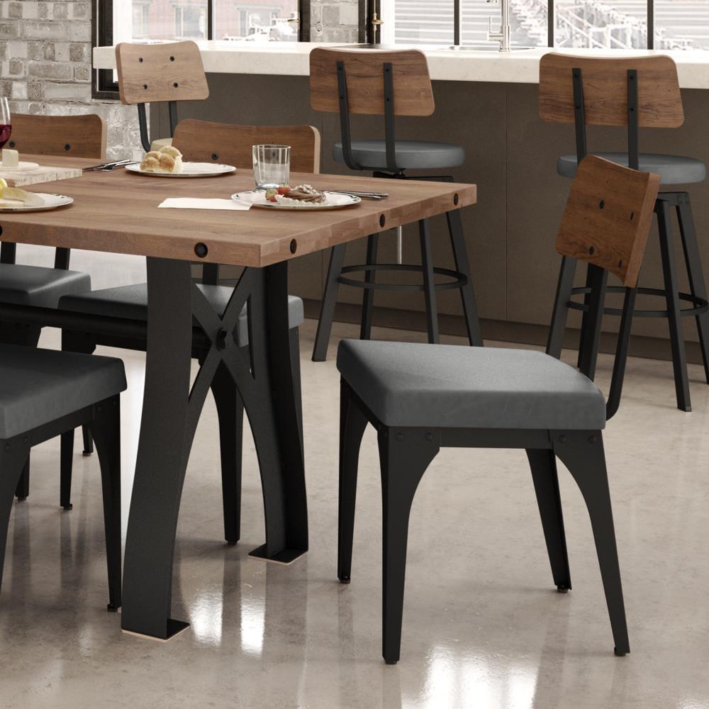 Amisco Symmetry Dining Chair - Grey Faux Leather / Light Brown Distressed Wood / Black Metal (Set of 2)