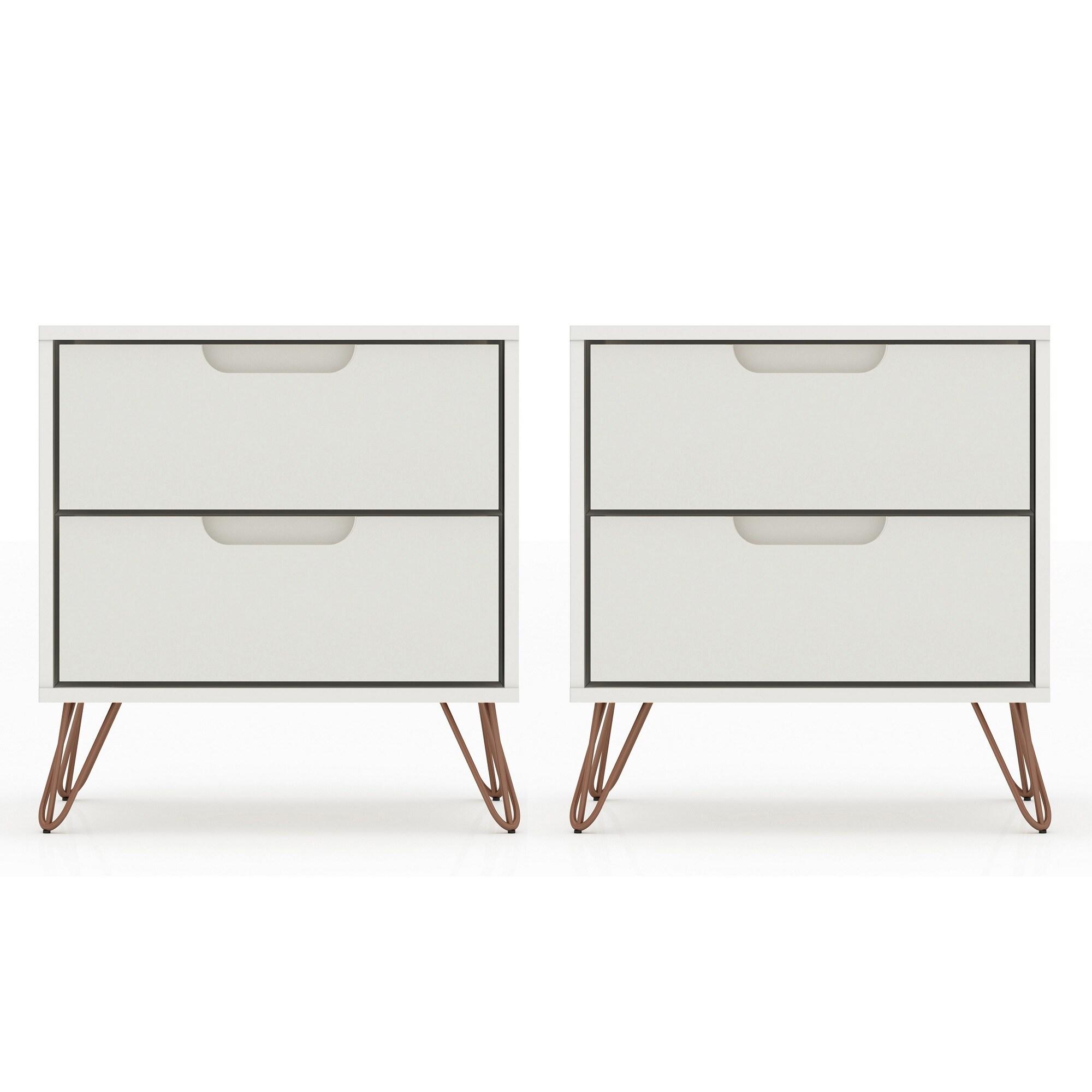 Set of 2 Rockefeller 2 Drawer Nightstands Off White - Manhattan Comfort: Modern Splayed Metal Legs, MDF