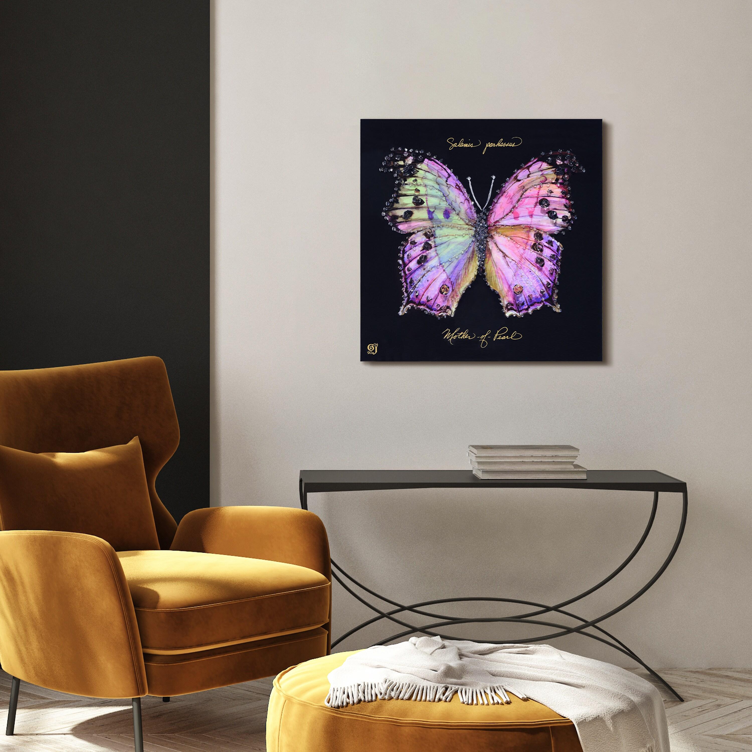 "Pink Monarch Elegance" Crystallus Epoxy Coated Wrapped Glossy Butterfly Canvas Wall Art with Heavy Acrylic Crystal Shards Embellishments