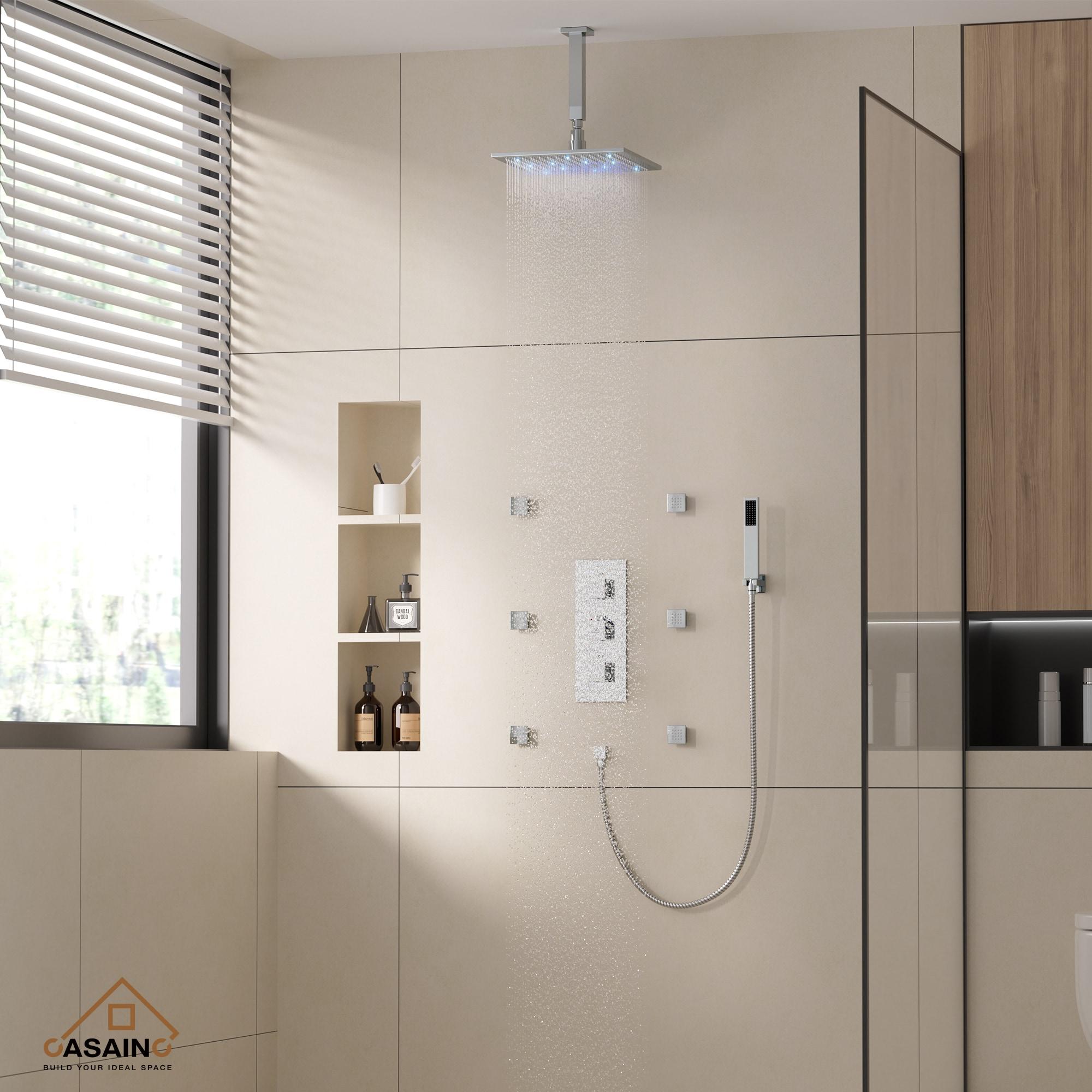 3-Function Luxury Ceiling Mount 12 Inch LED Thermostatic Shower System with 6 Body Jets