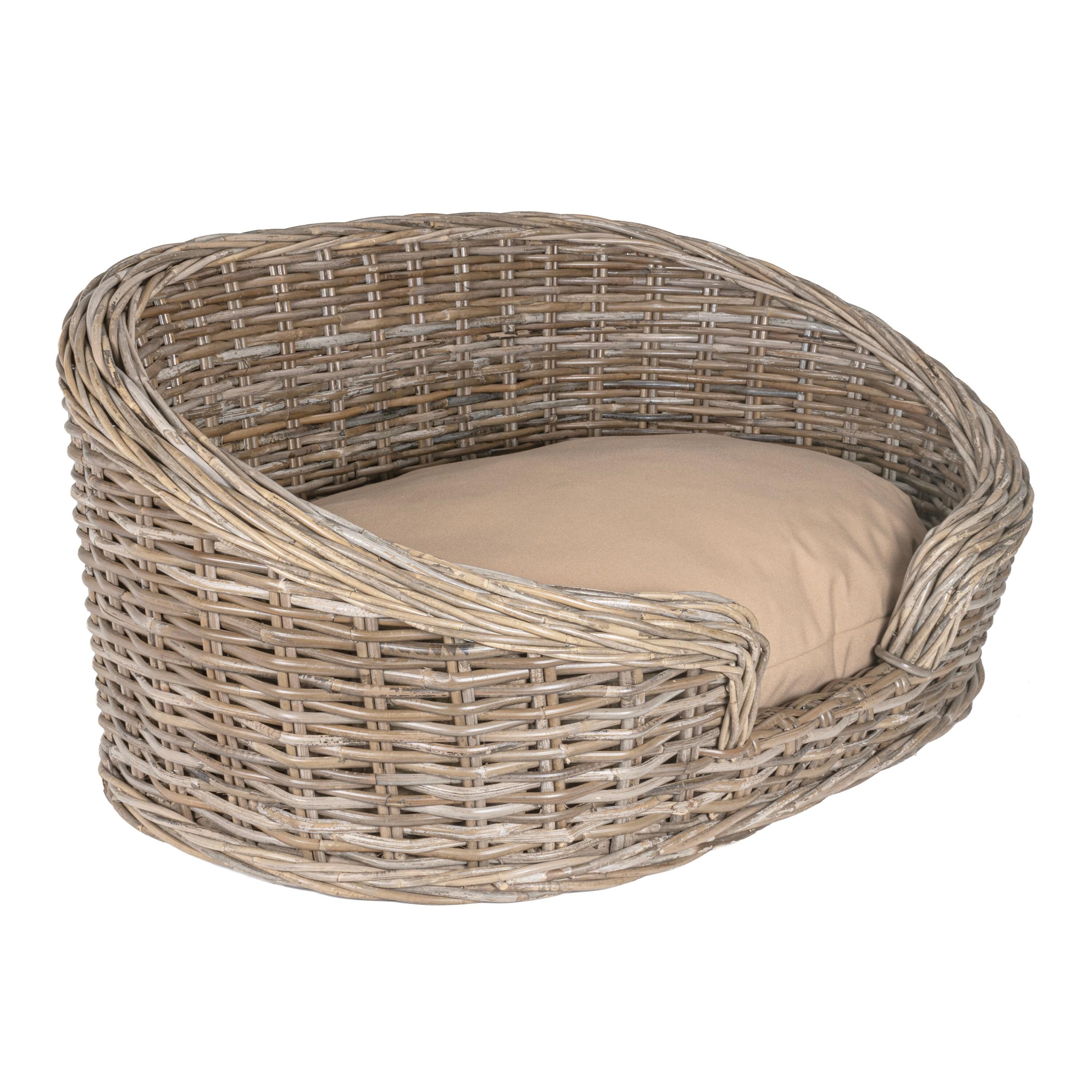 THE LICKER STORE Curvy 33" x 21.25" Classic Handwoven Rattan Dog Bed with Machine-Washable Cushion, Kubu Gray