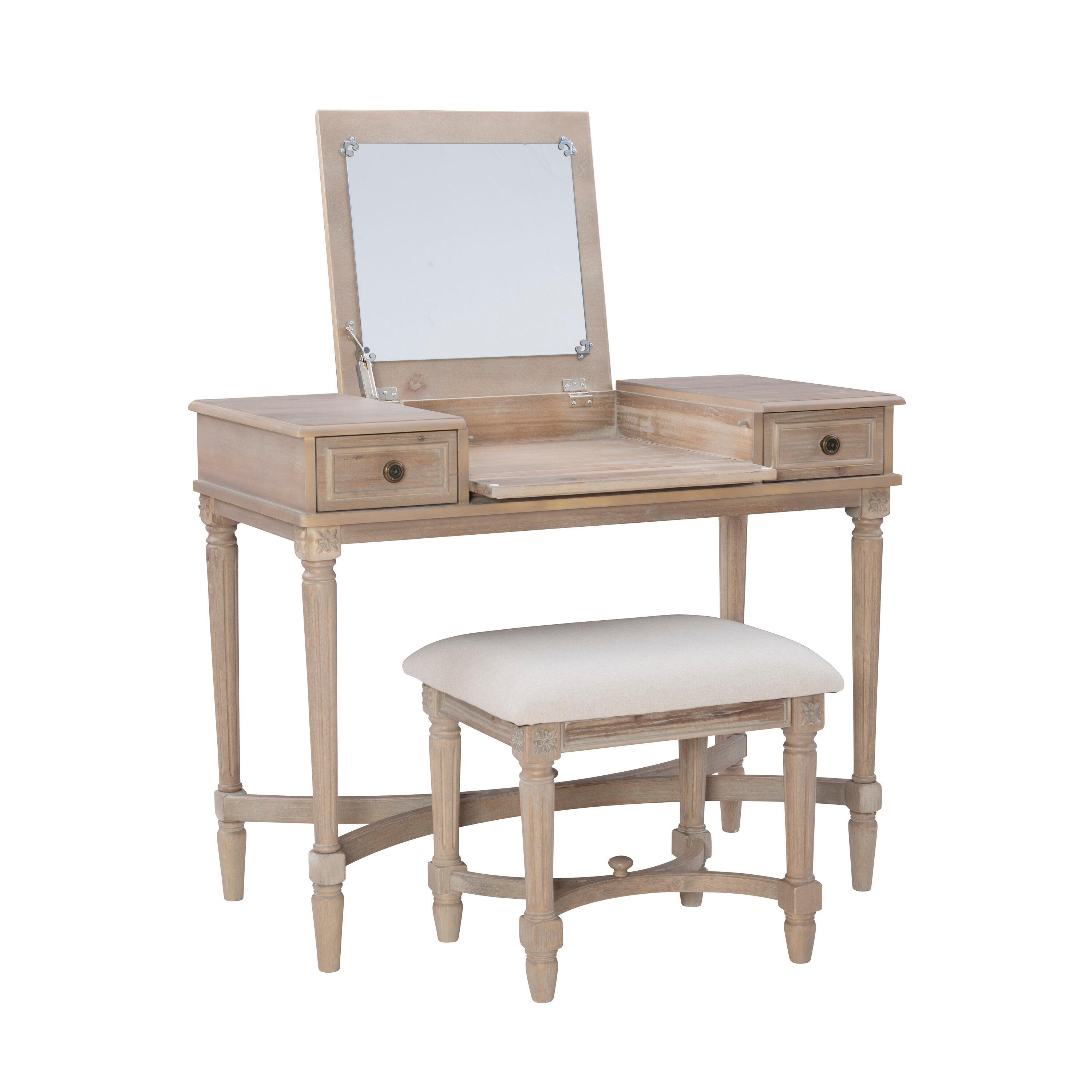 Kelly Clarkson Home June Natural Two Drawer Flip Top Vanity Set with Stool