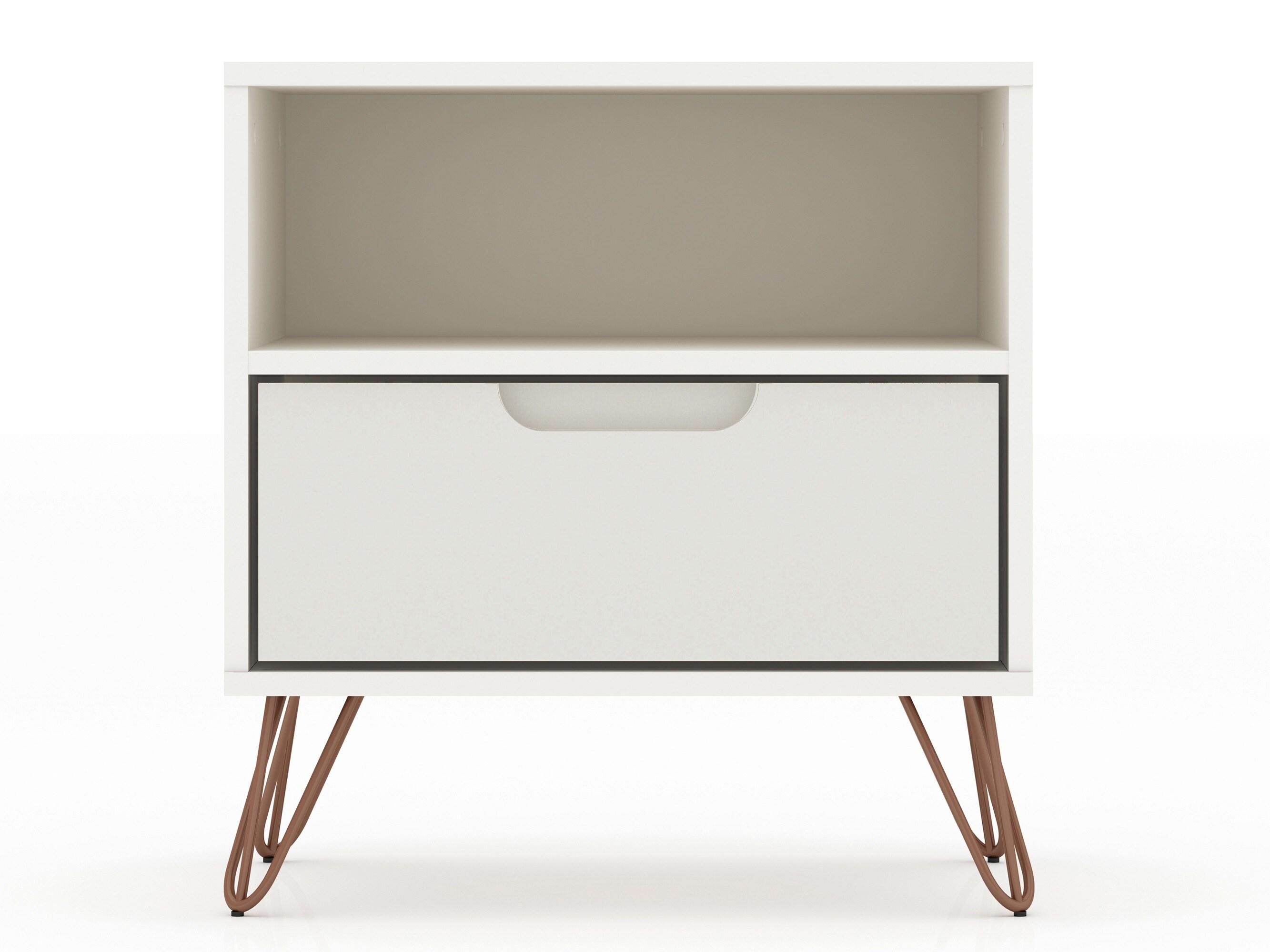 Set of 2 Rockefeller 1 Drawer Nightstands Off White - Manhattan Comfort: Mid-century Design, Metal Legs, Concealed Storage