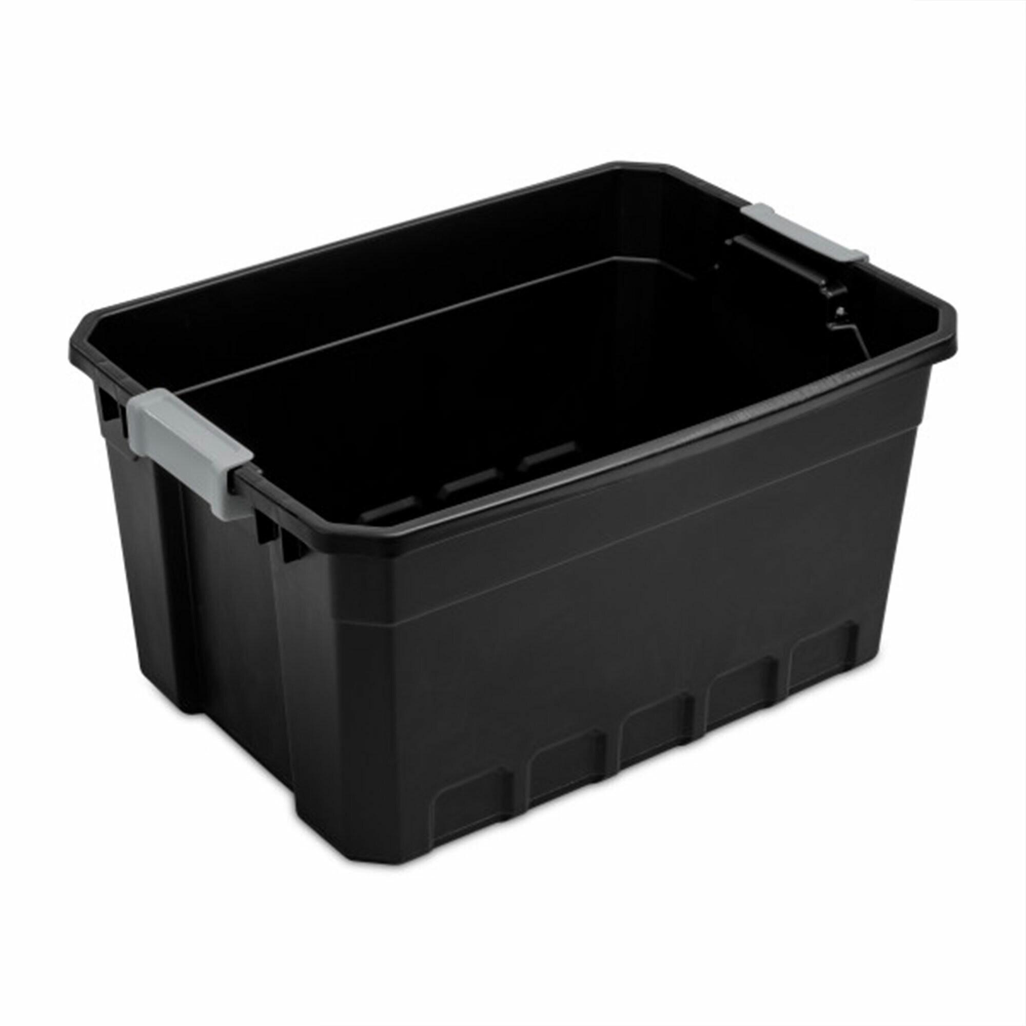 Sterilite 19 Gallon Plastic Stacker Tote, Heavy Duty Lidded Storage Bin Container for Stackable Garage and Basement Organization, Black, 12-Pack