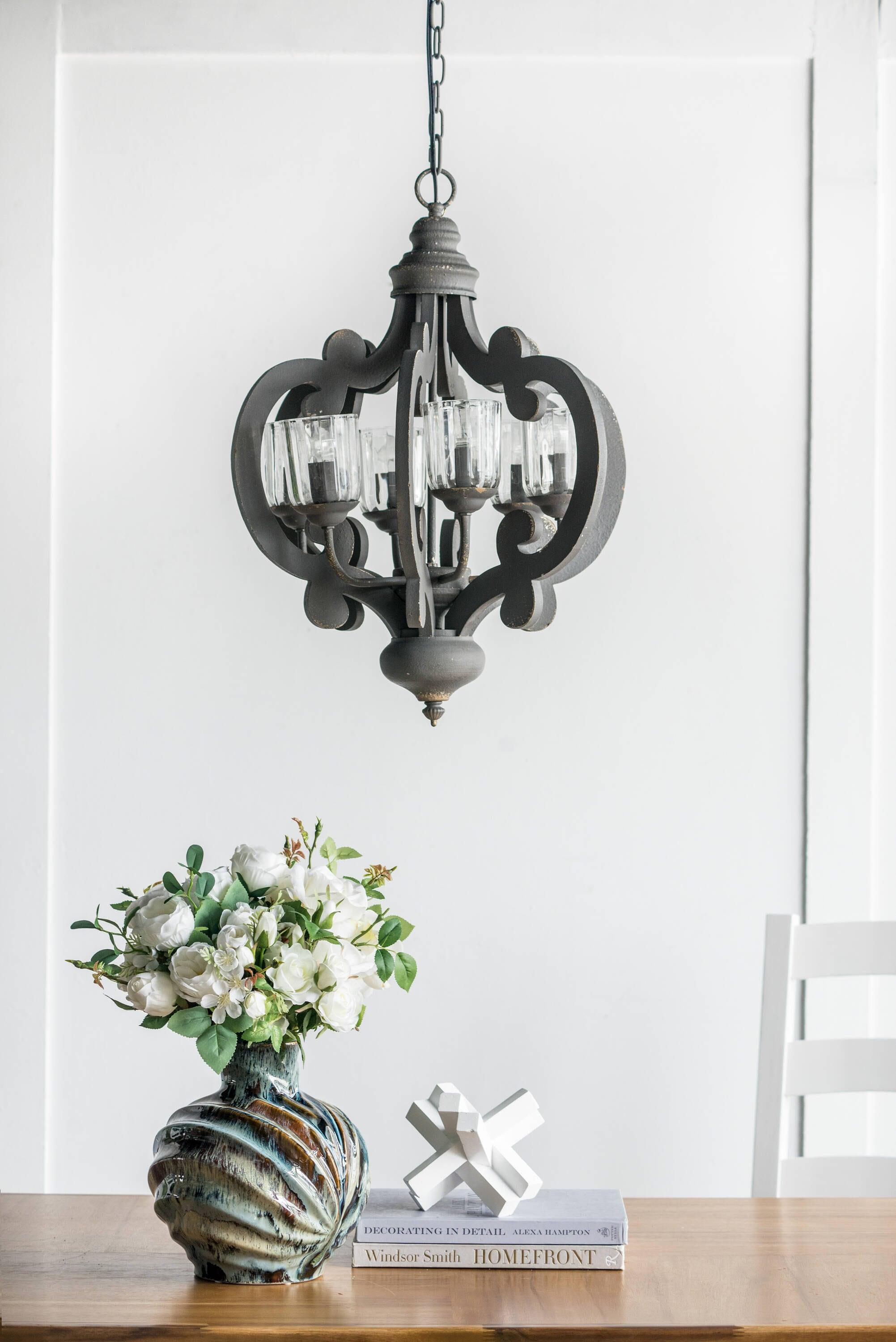 21"x24" 6-Light Wood Chandelier Ceiling Light Gray - A&B Home: No Assembly, UL Listed, Adjustable Height