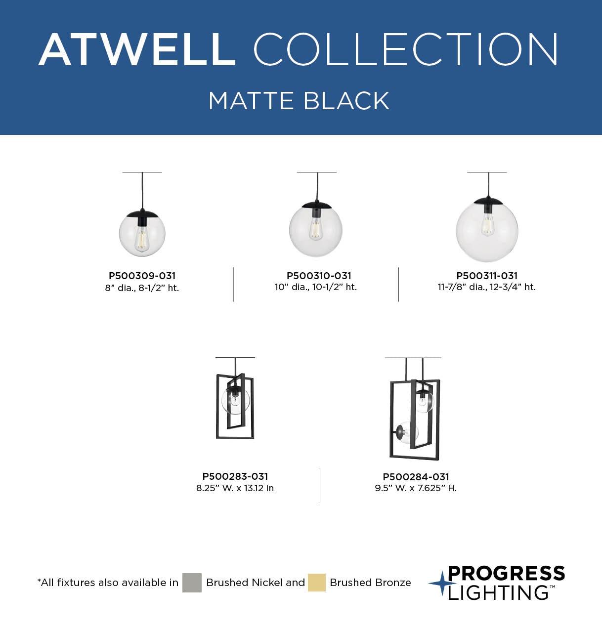 Progress Lighting, Atwell Collection, 1-Light, Pendant Light, Matte Black, Glass Globe Shade