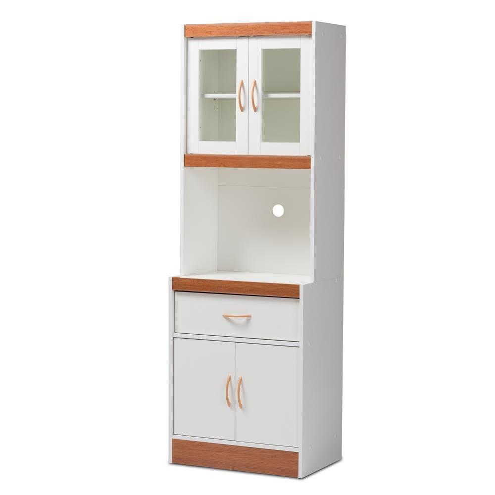 Baxton Studio Laurana Cherry Finished Kitchen Cabinet and Hutch White/Cherry Brown: Traditional Style, 4-Door Pantry Storage