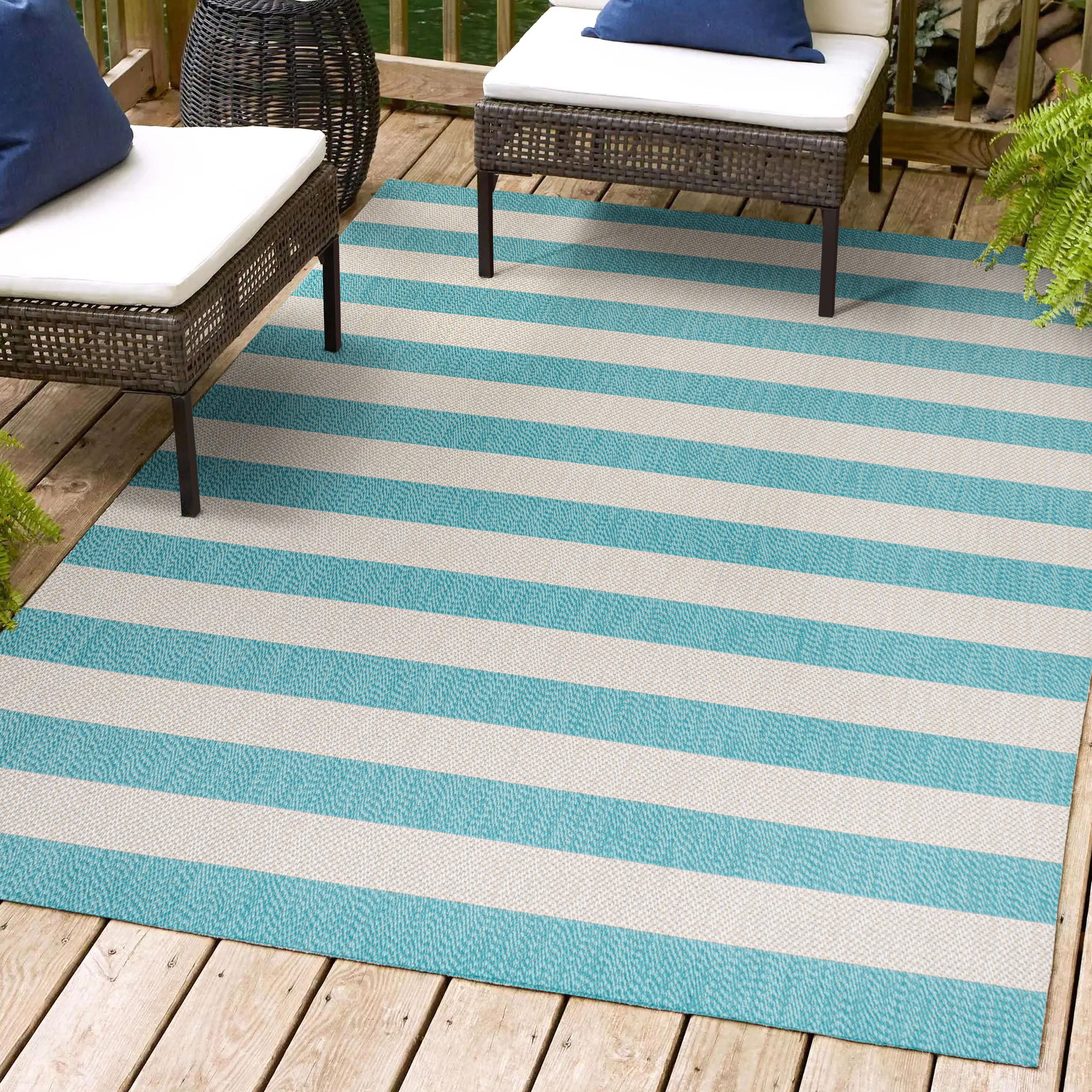 3' x 5' Negril Two-Tone Wide Stripe Indoor/Outdoor Area Rug, Aqua/Cream - JONATHAN Y