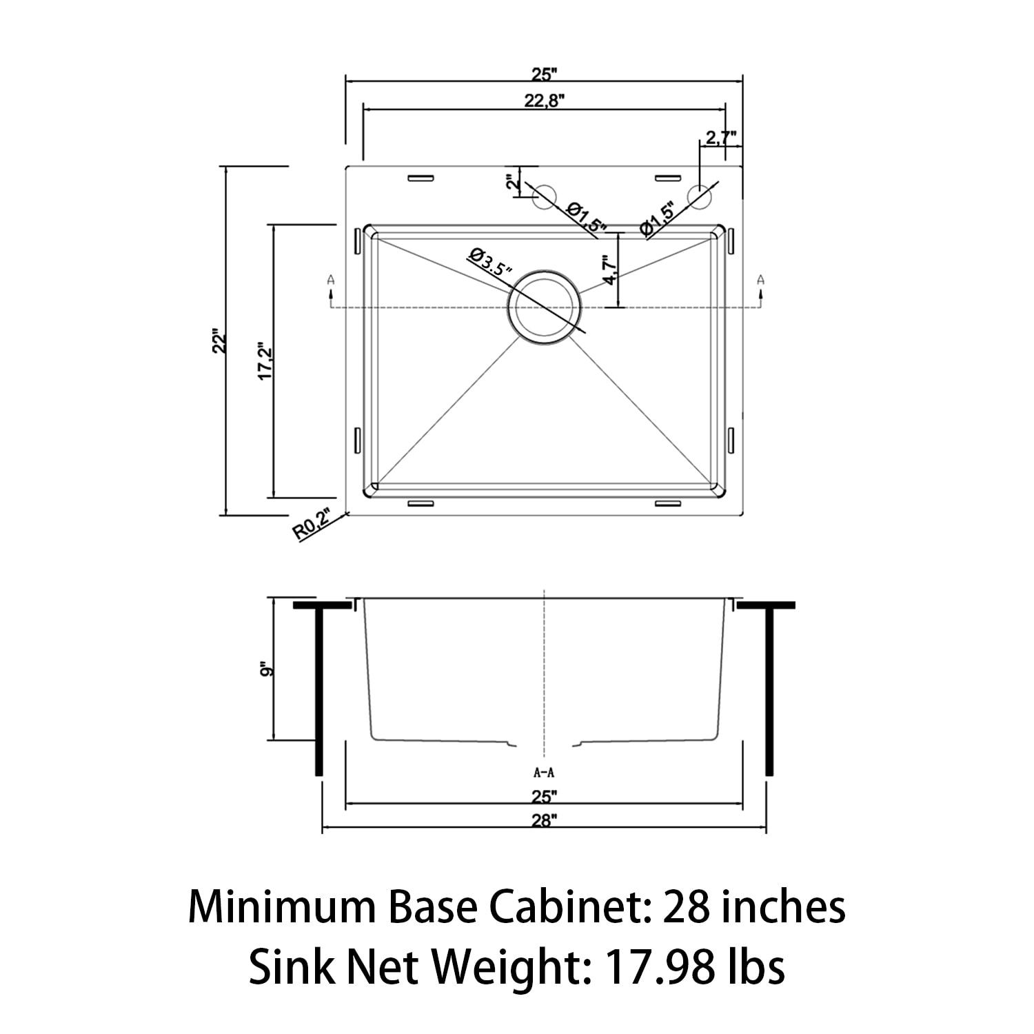 Sinber 25" x 22" Drop In Single Bowl Kitchen Sink with 18 Gauge 304 Stainless Steel Satin Finish