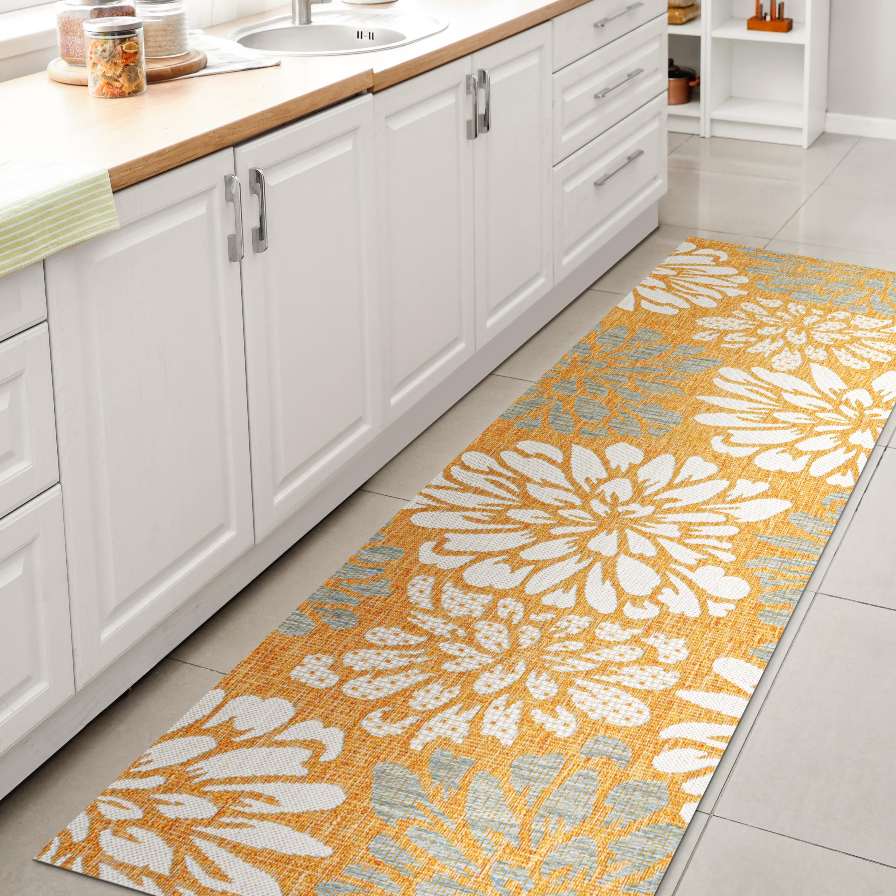 2' x 10' Zinnia Modern Floral Textured Weave Indoor/Outdoor Runner Rug, Yellow/Cream - JONATHAN Y