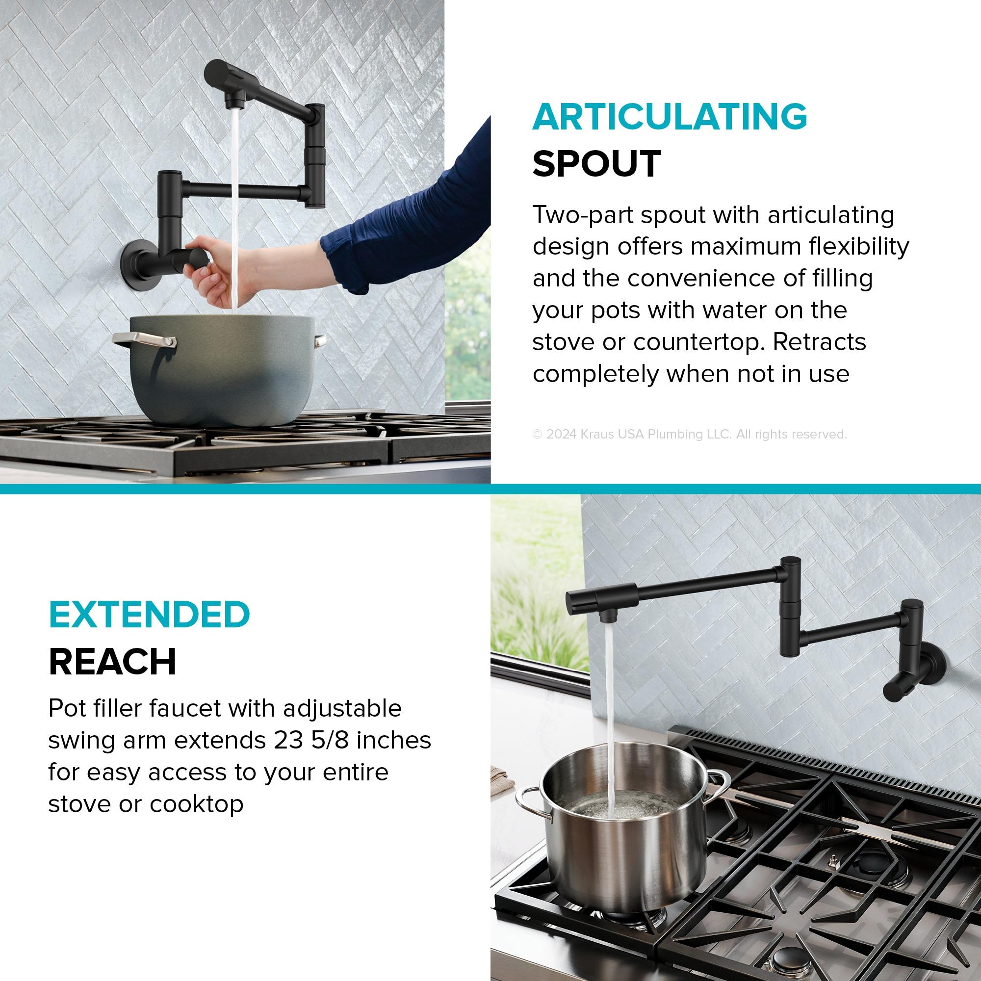 KRAUS Bolden 2 Handle Pot Filler Faucet With Retractable Arm, Wall Mount Kitchen Faucet, Pot Filler For Over Stove