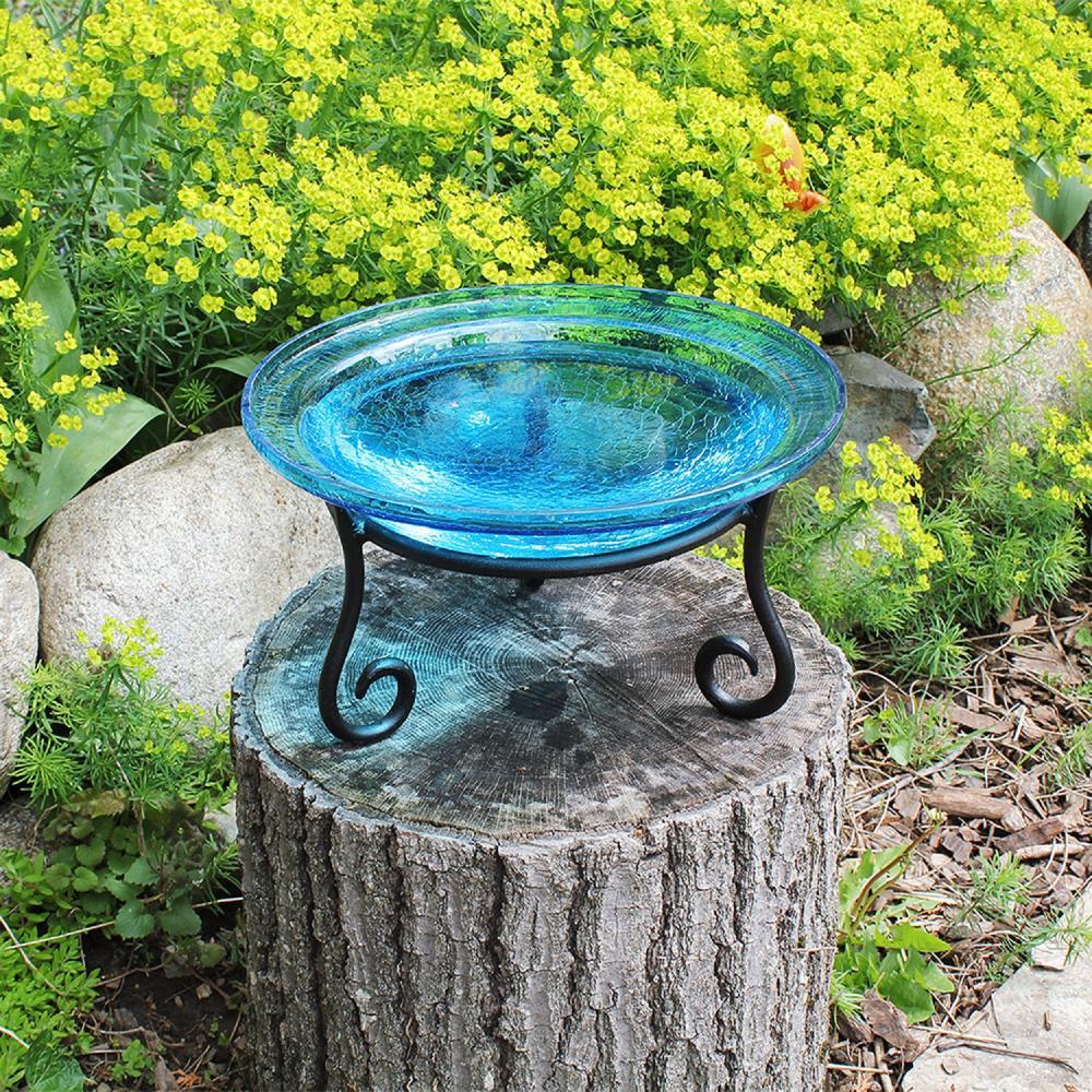 7" Reflective Crackle Glass Birdbath Bowl with Short Stand Teal Blue - Achla Designs: Weather-Resistant, No Assembly Required