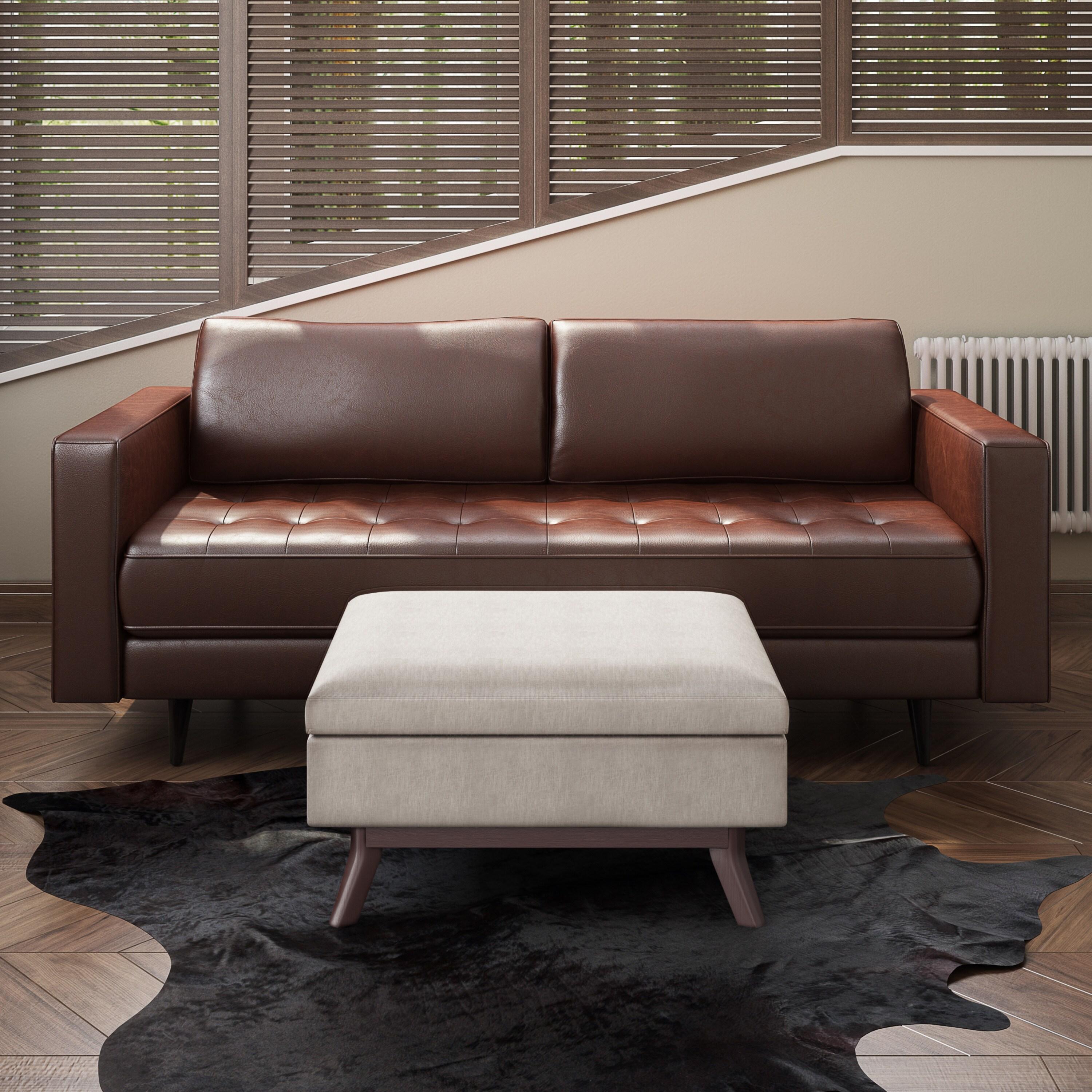 Simpli Home Owen 34"W Upholstered Coffee Table Storage Ottoman with Lift Top and Solid Wood Legs