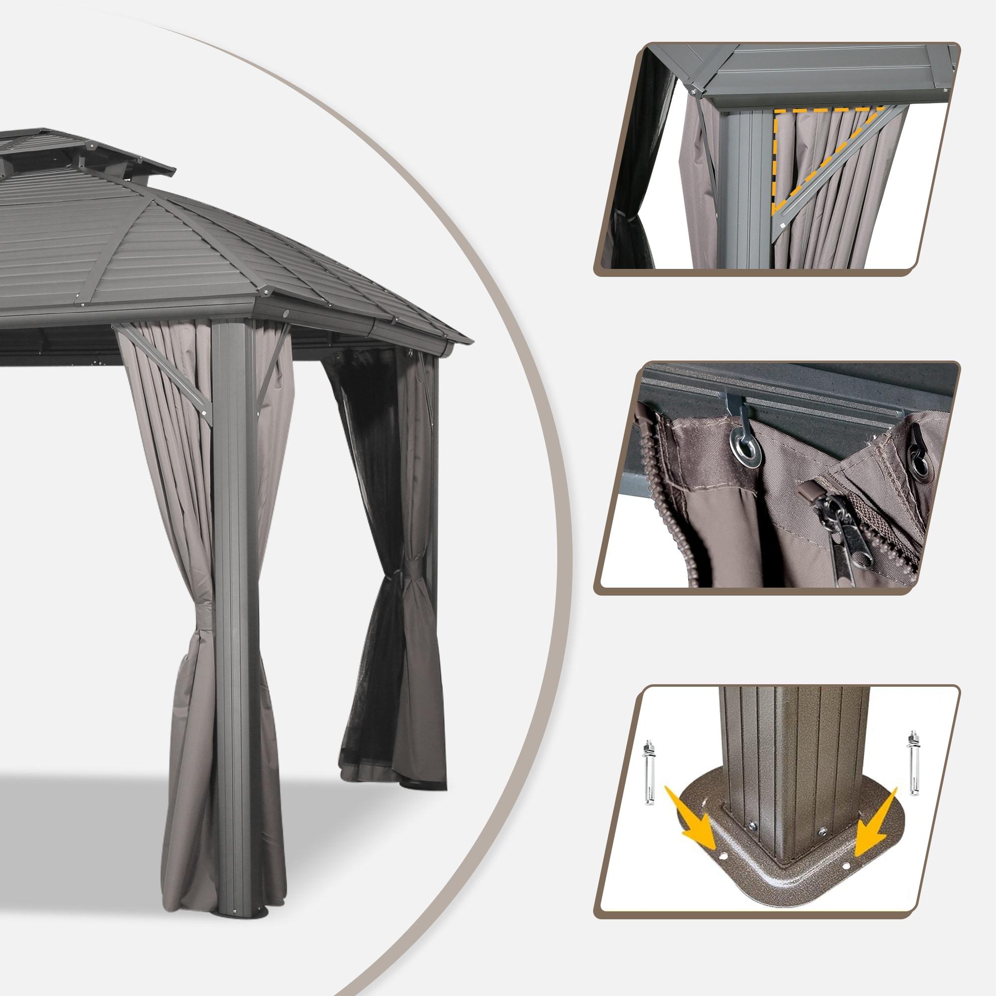 Sunmthink Patio 10x12 ft. Hardtop Gazebo, Double Roof Aluminum Frame with Netting and Curtains, Gray