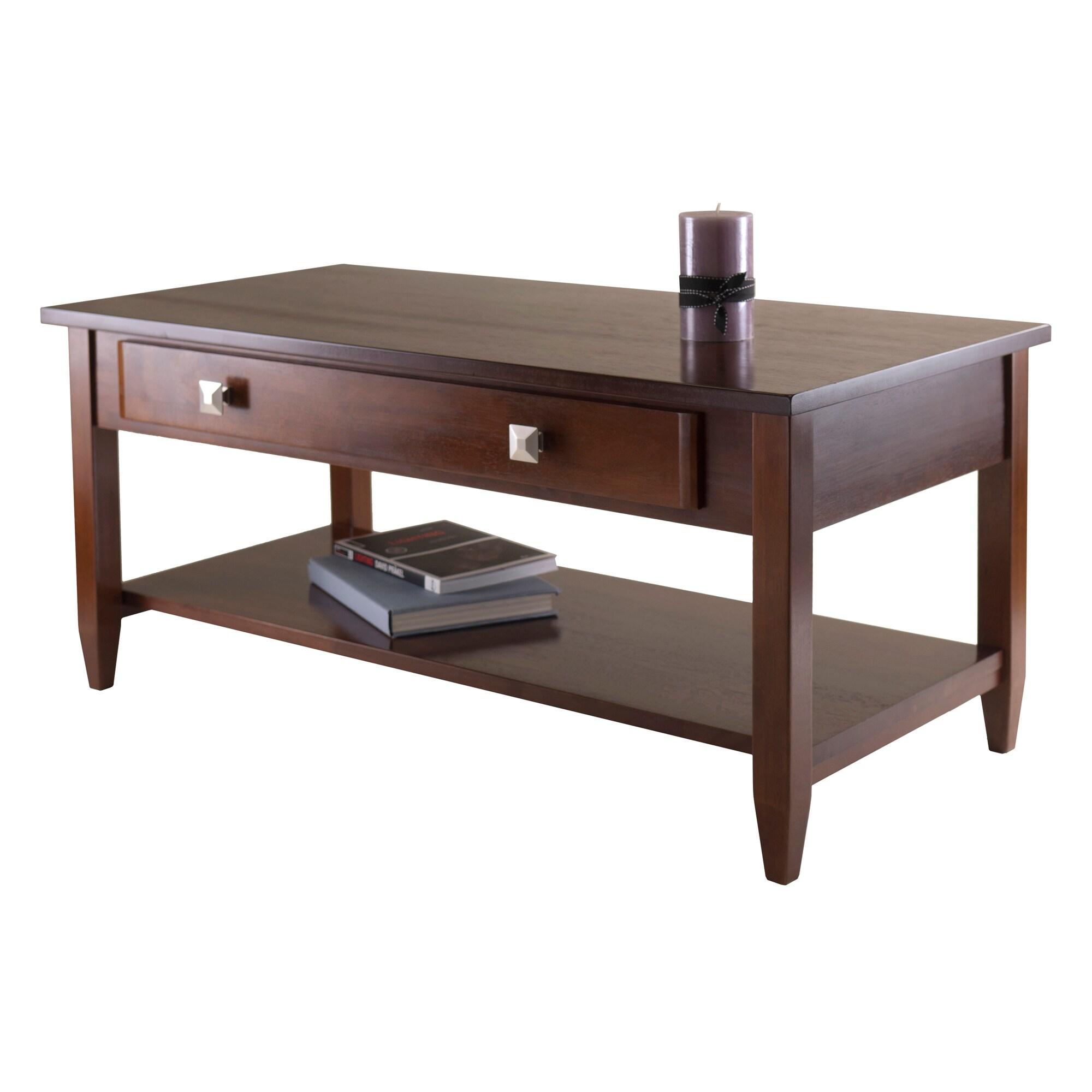 Richmond Coffee Table with Tapered Leg Walnut Finish - Winsome: Storage Shelf, Modern Brushed-Chrome Knobs