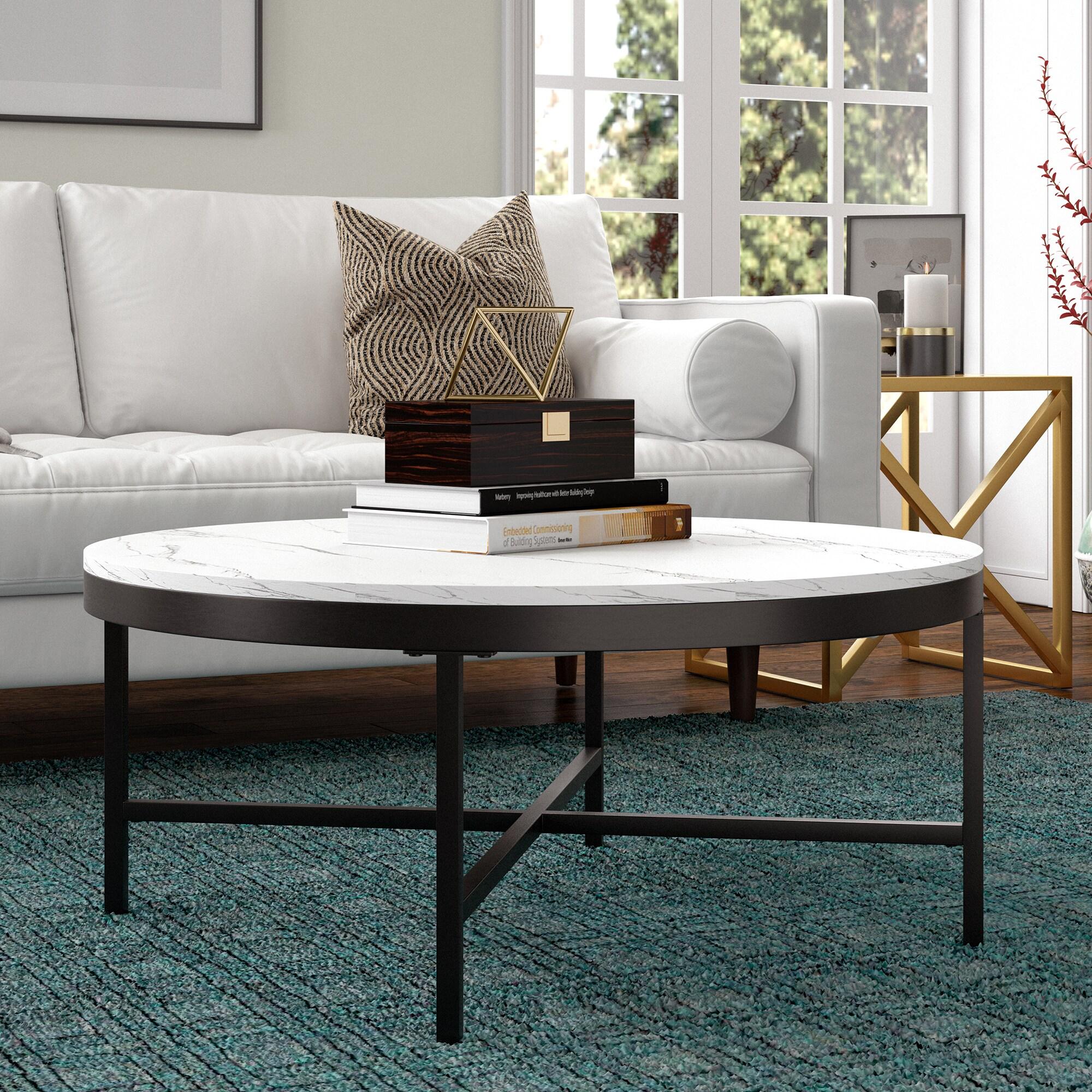 Evelyn&Zoe Xivil 36" Wide Round Coffee Table with Faux Marble Top in Blackened Bronze/Faux Marble