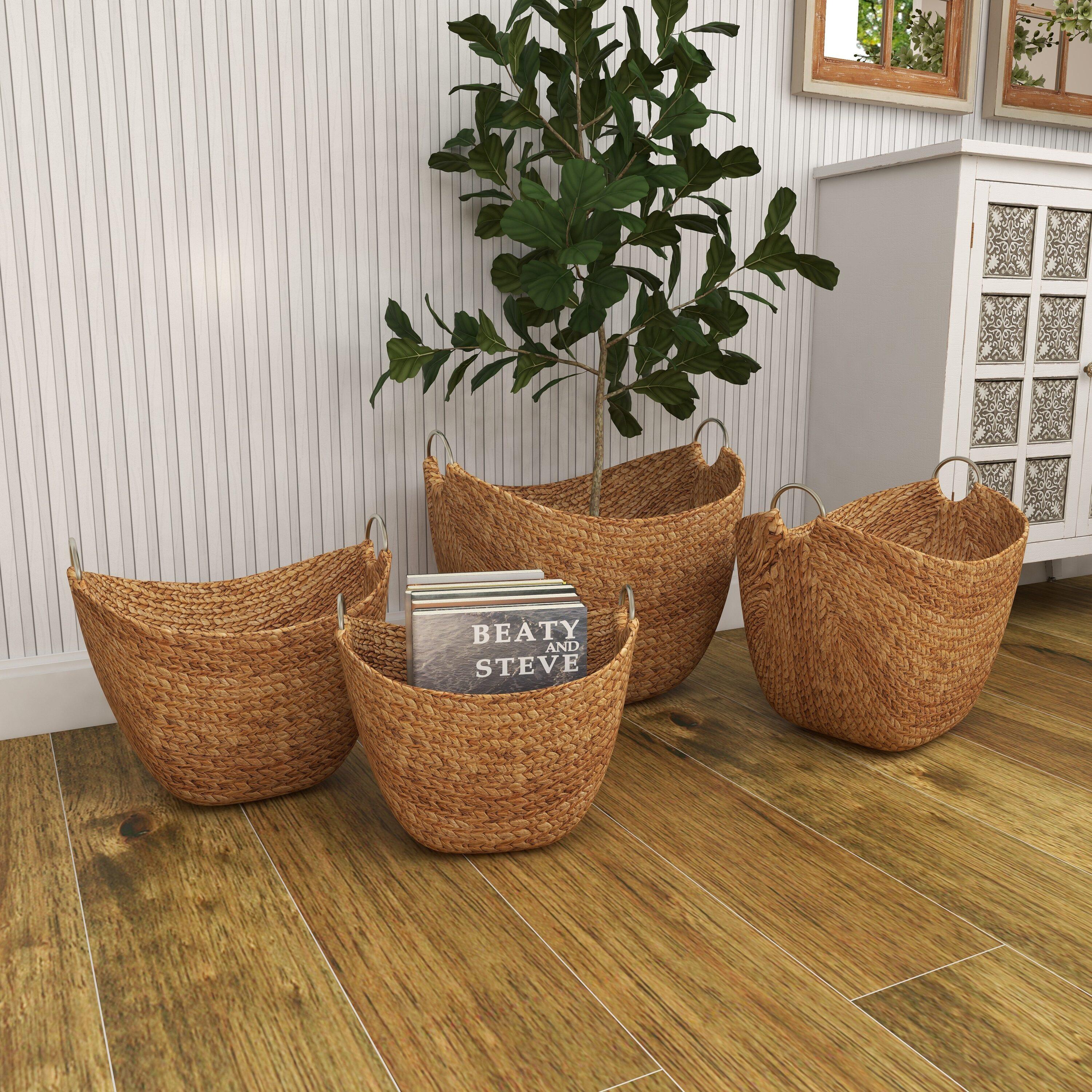 4 Piece Brown Seagrass Handmade Woven Storage Basket with Metal Handles Set